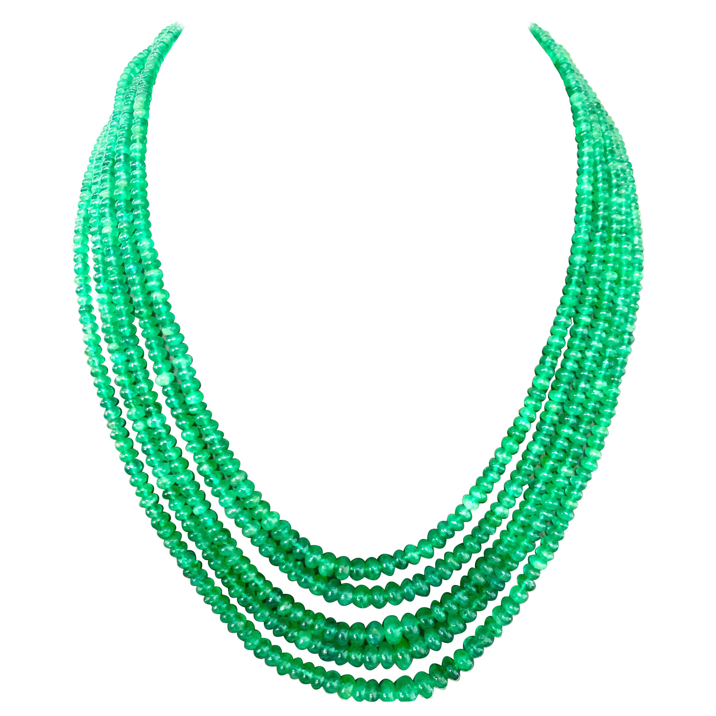 247 Carat 5 Layer Natural Brazilian Emerald Bead Necklace Sterling Silver Clasp