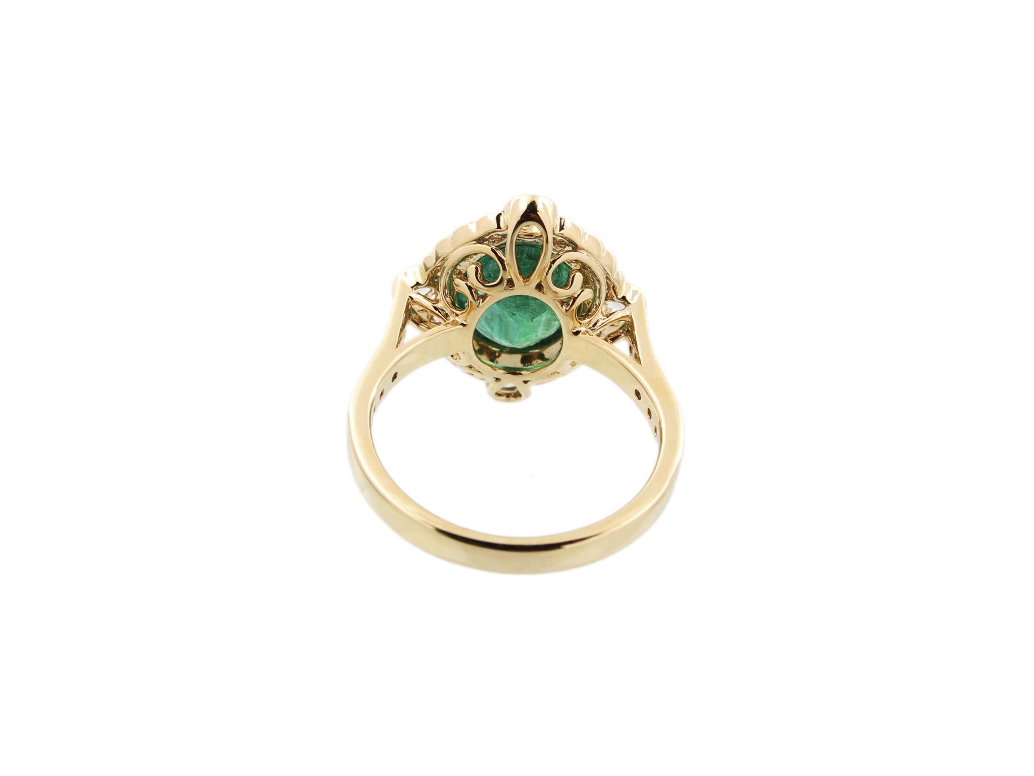 This is an elegant emerald & diamond ring studded in 18k gold with 1 piece of Carved Zambian emerald weight 2.47 carat which is surrounded by 32 pieces of weight 0.67 carat, this entire ring studded in 18k gold

ring size can be change as per the