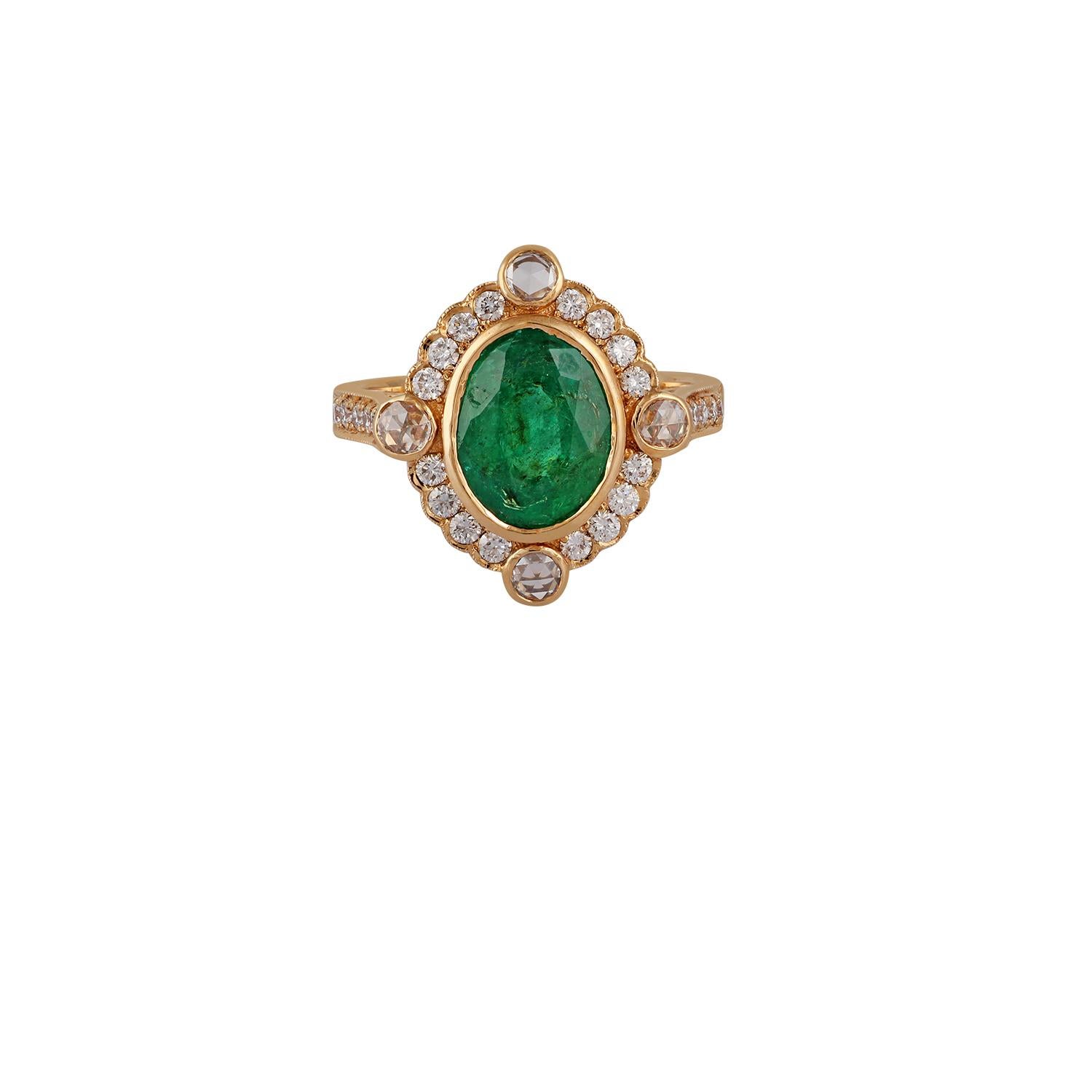 Contemporary 2.47 Carat Carved Zambian Emerald & Cluster Diamond Ring in 18k Gold For Sale