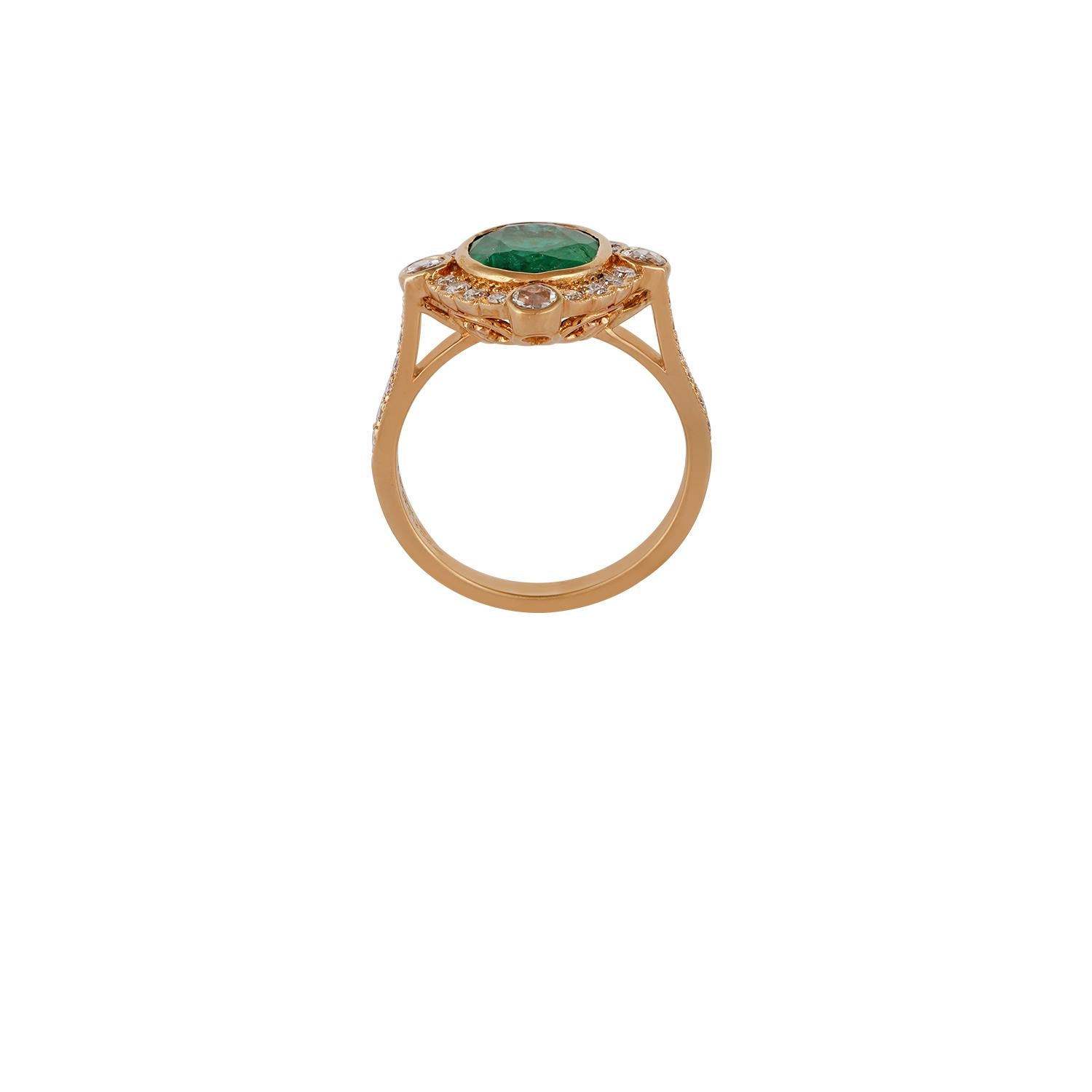 Oval Cut 2.47 Carat Carved Zambian Emerald & Cluster Diamond Ring in 18k Gold For Sale