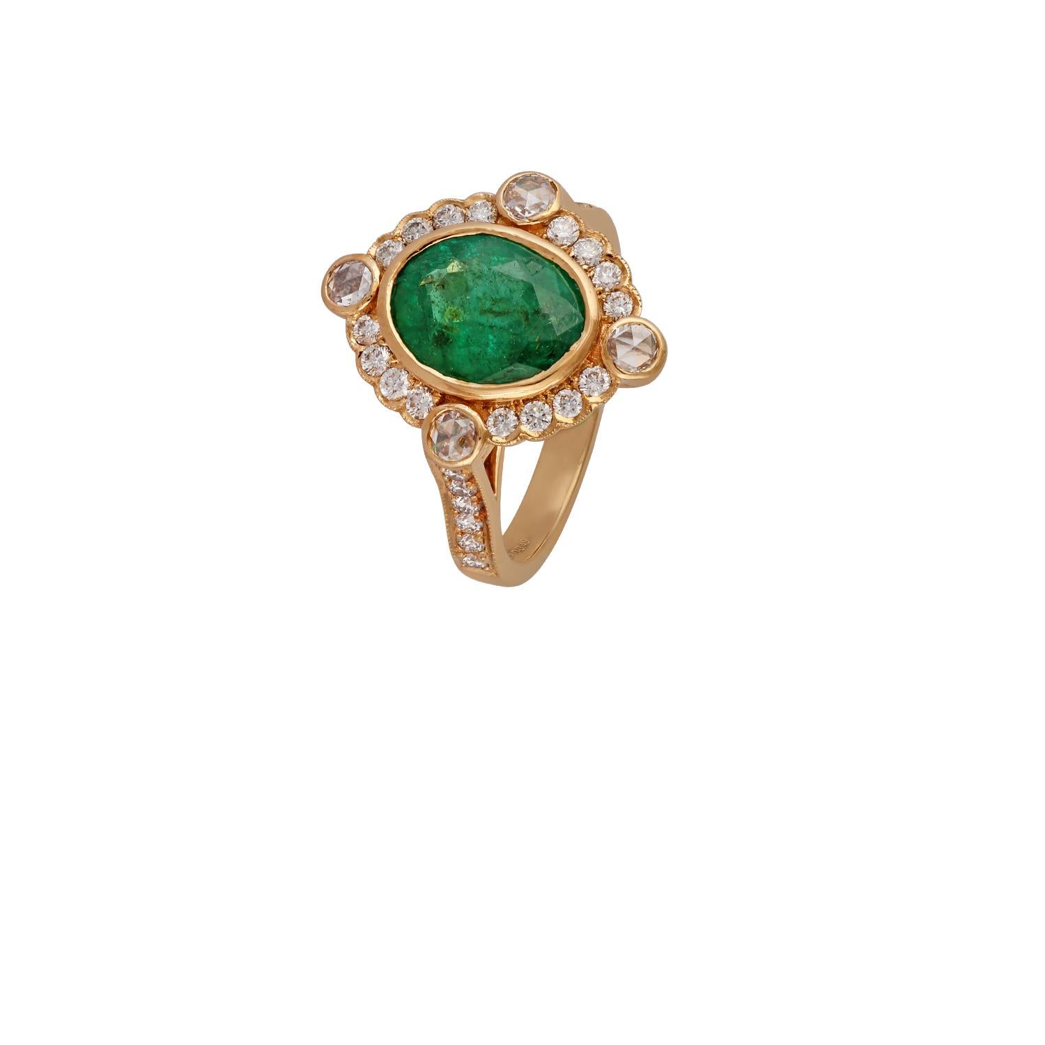 2.47 Carat Carved Zambian Emerald & Cluster Diamond Ring in 18k Gold In New Condition For Sale In Jaipur, Rajasthan