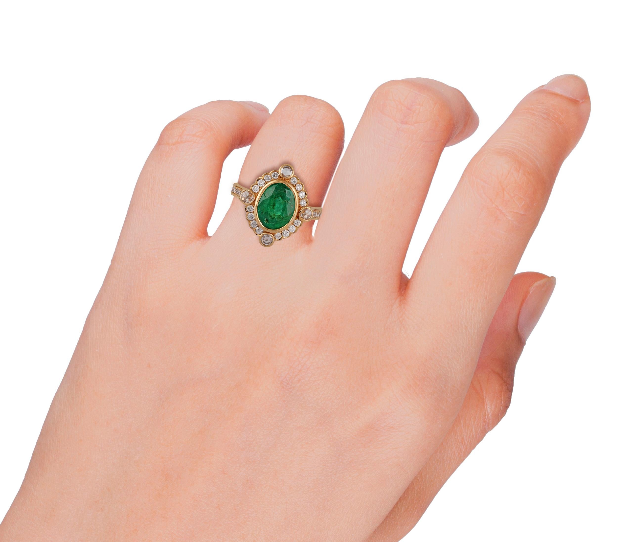 Women's 2.47 Carat Carved Zambian Emerald & Cluster Diamond Ring in 18k Gold For Sale