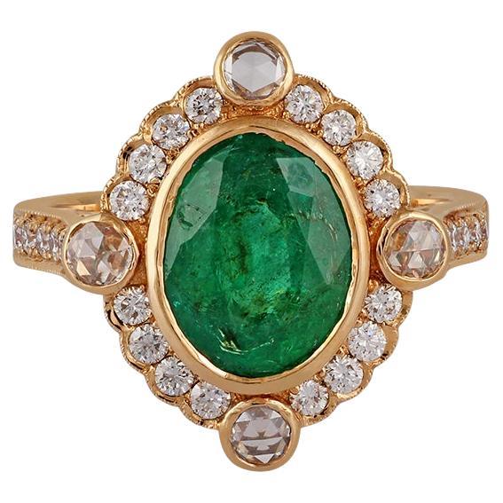 2.47 Carat Carved Zambian Emerald & Cluster Diamond Ring in 18k Gold