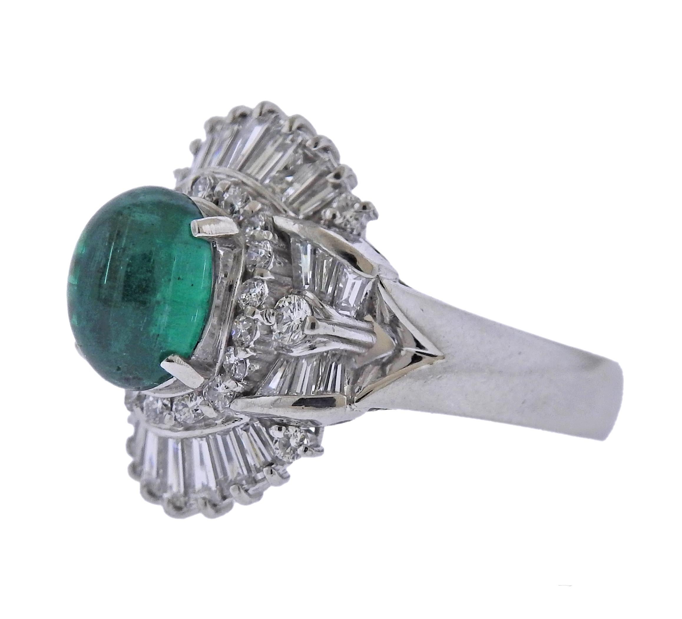 Platinum cocktail ring, with center 2.47ct emerald cabochon, and 1.45ctw in diamonds. Ring size - 6, ring top is 18mm x 20mm. Marked: 2.47, Pt900, D1454. Weight - 12.4 grams.