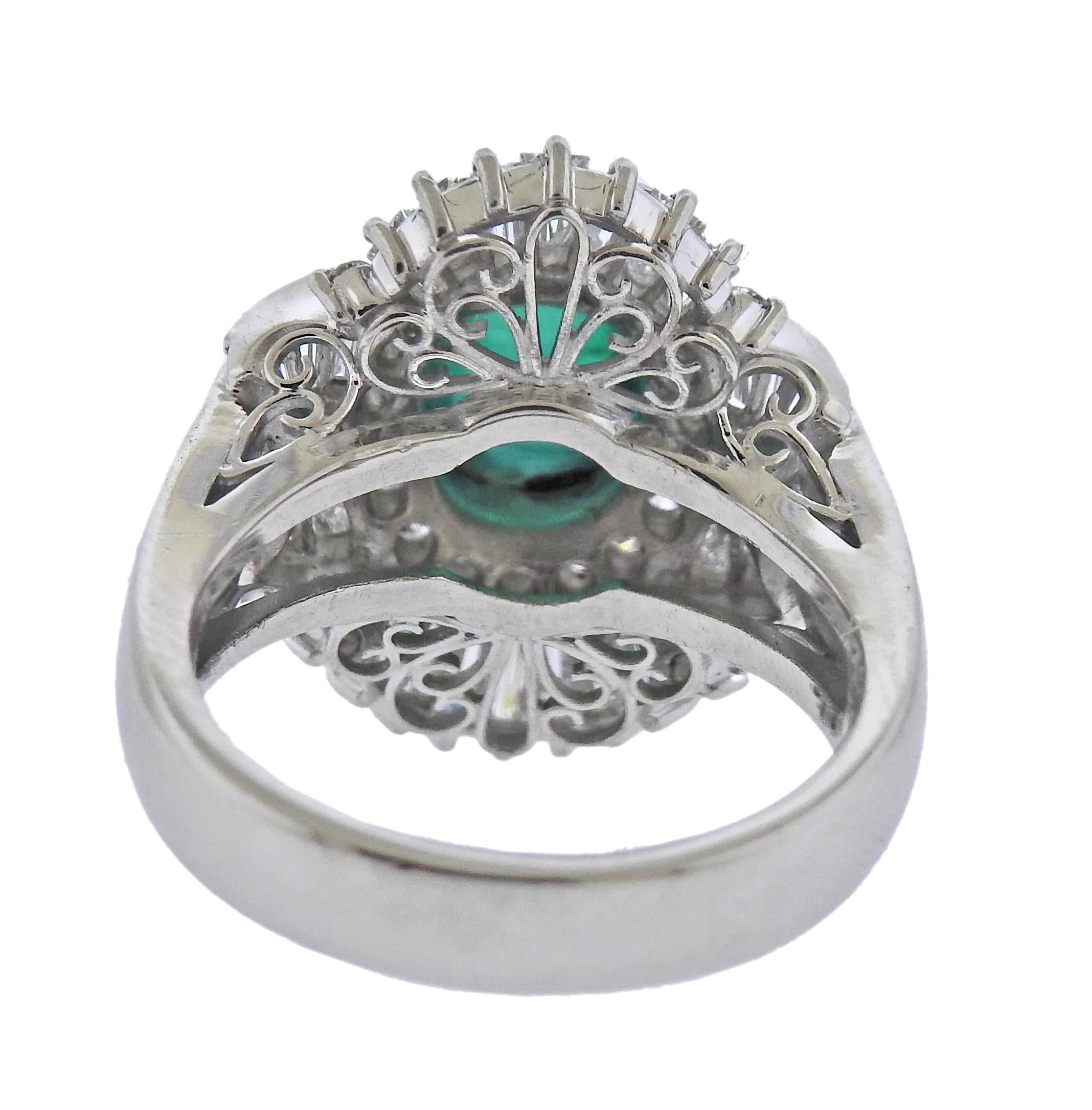 2.47 Carat Emerald Cabochon Diamond Platinum Ring In Excellent Condition For Sale In New York, NY