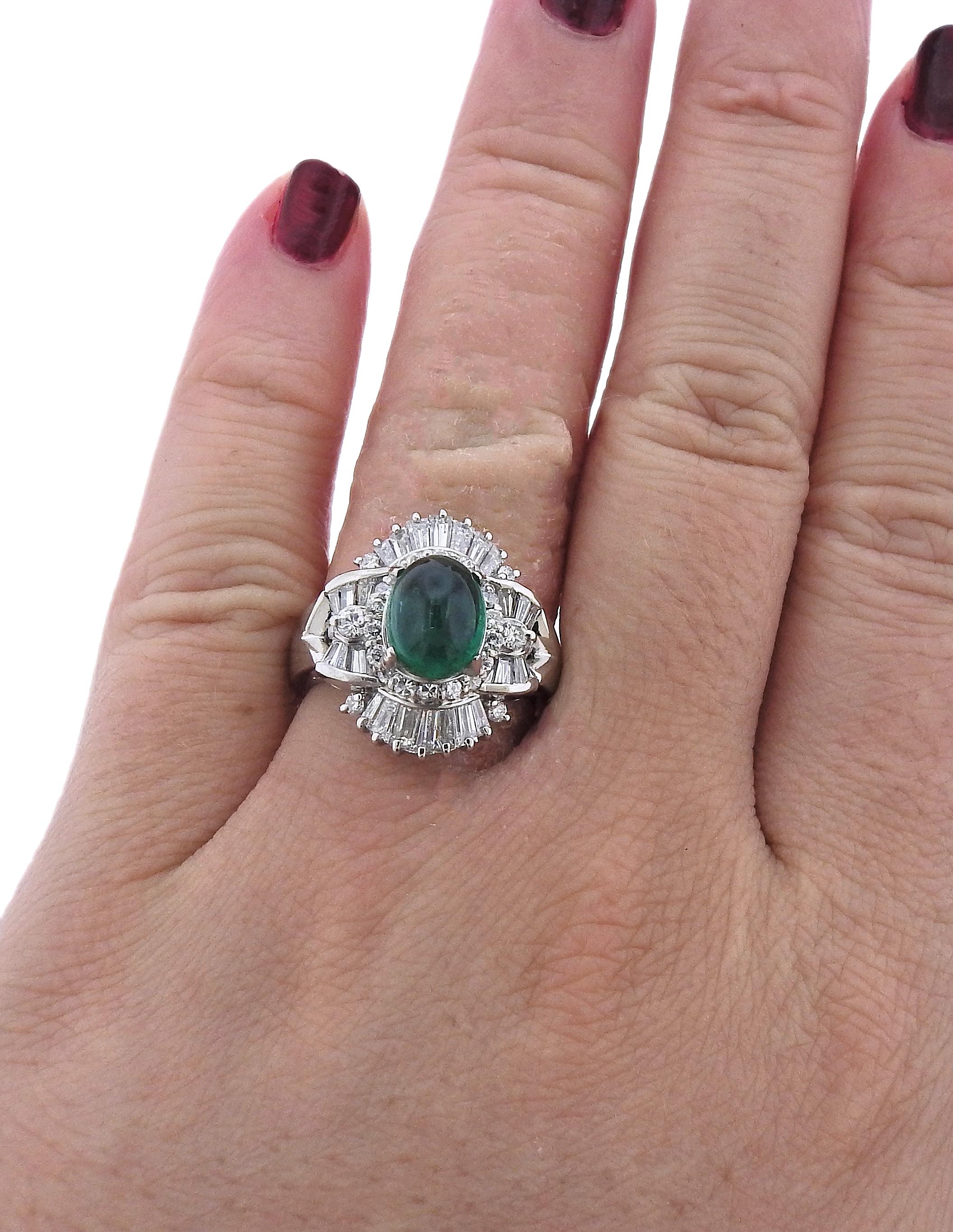 2.47 Carat Emerald Cabochon Diamond Platinum Ring For Sale 1