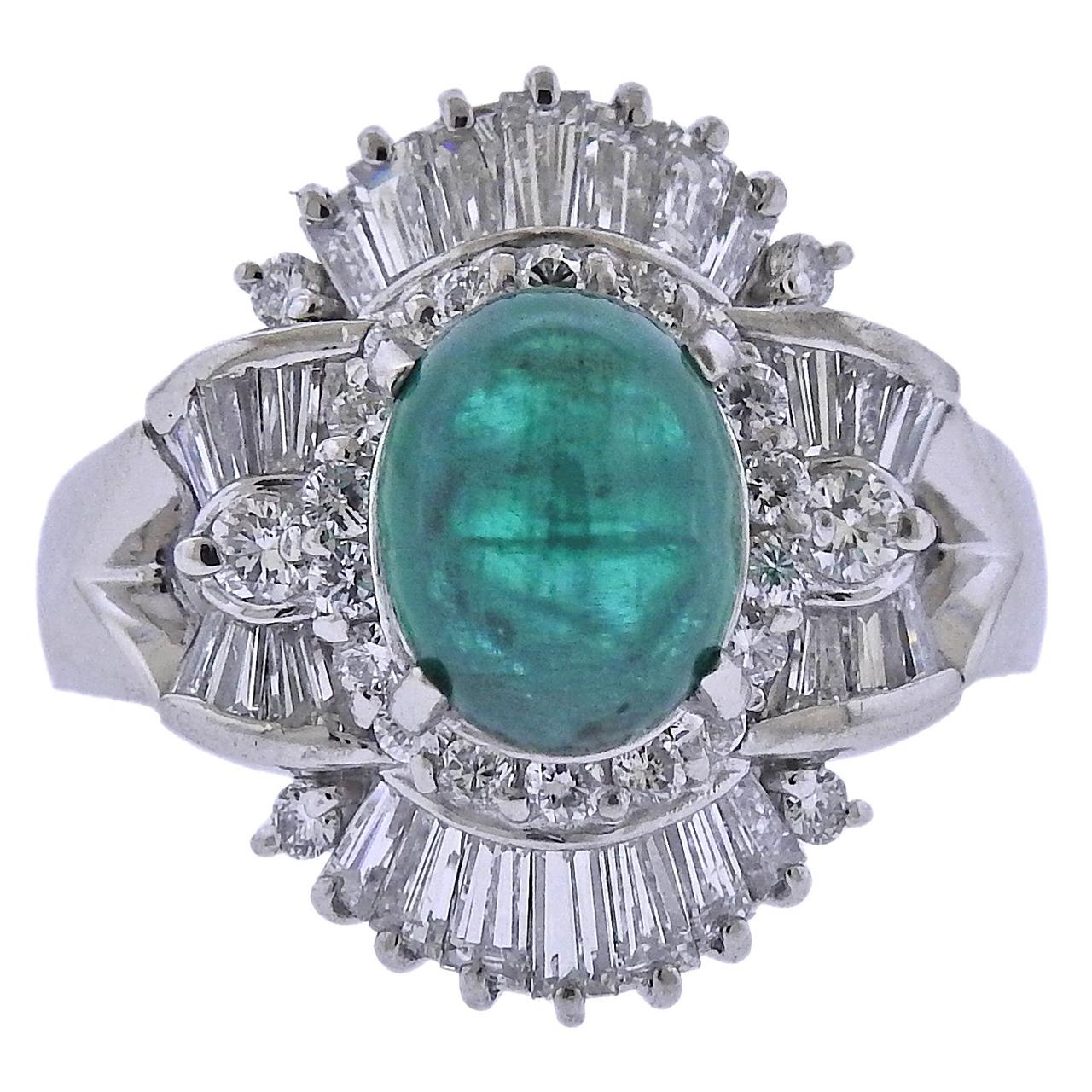 2.47 Carat Emerald Cabochon Diamond Platinum Ring For Sale