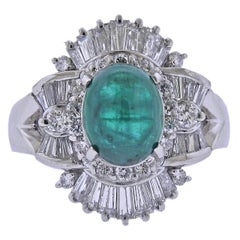 Vintage 2.47 Carat Emerald Cabochon Diamond Platinum Ring