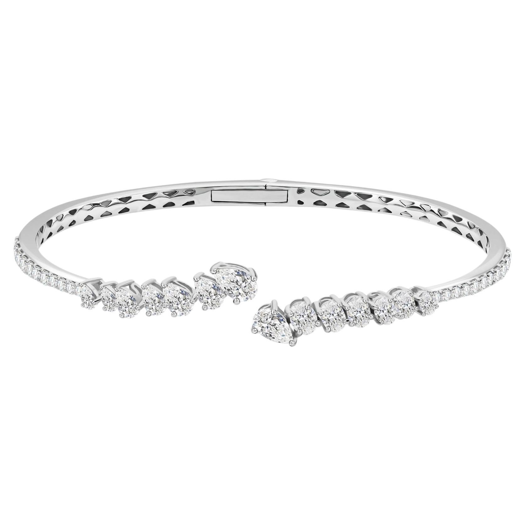 2.47 Carat Natural Pear Diamond Graduated Crossover Cuff Bangle 18k White Gold