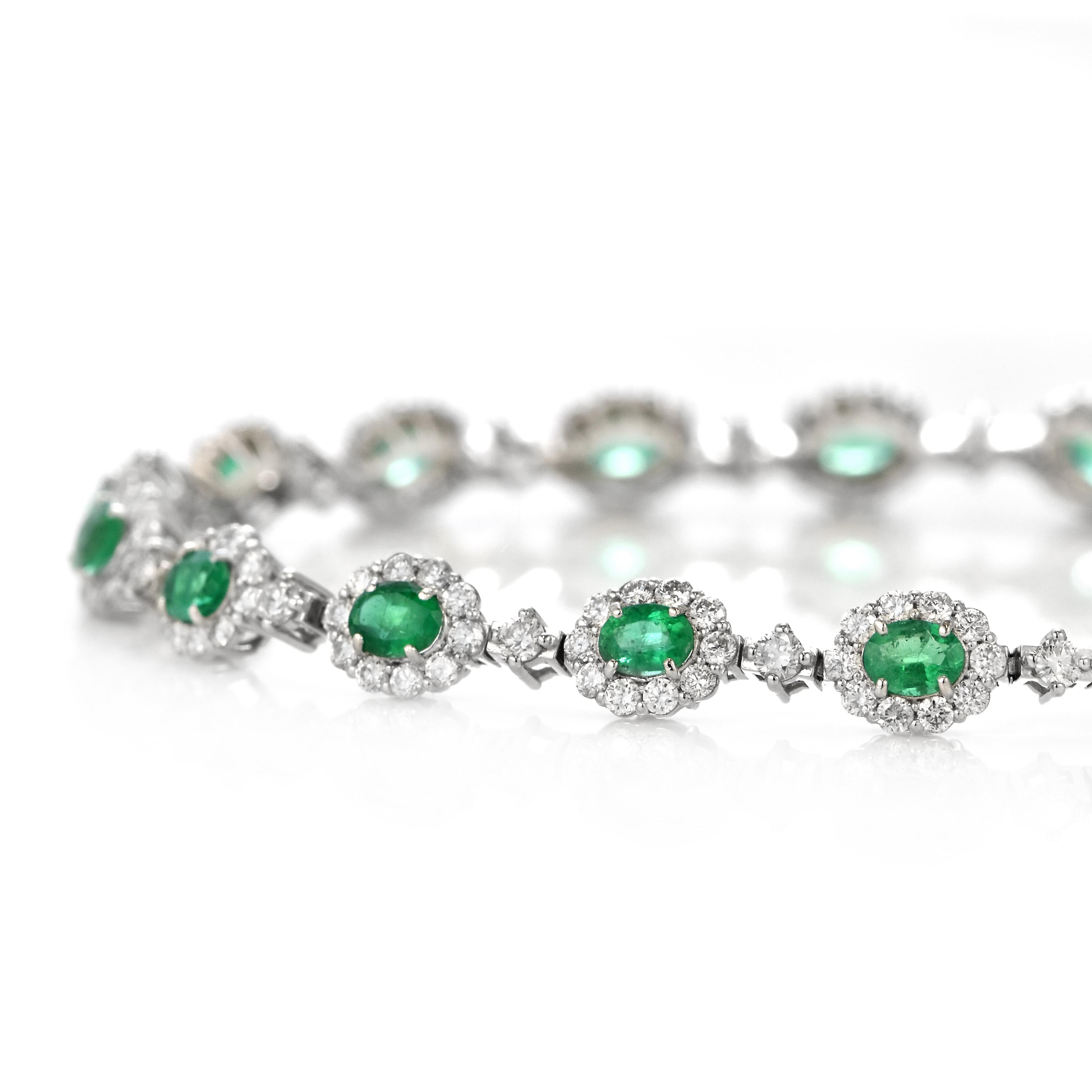 A beautiful Bracelet featuring a total of 2.47 Carats of Natural Emeralds and 2.61 Carats of Diamond Accents set in Platinum. The Emerald are of 5x3mm size. People have admired emerald’s green for thousands of years. Emeralds have always been