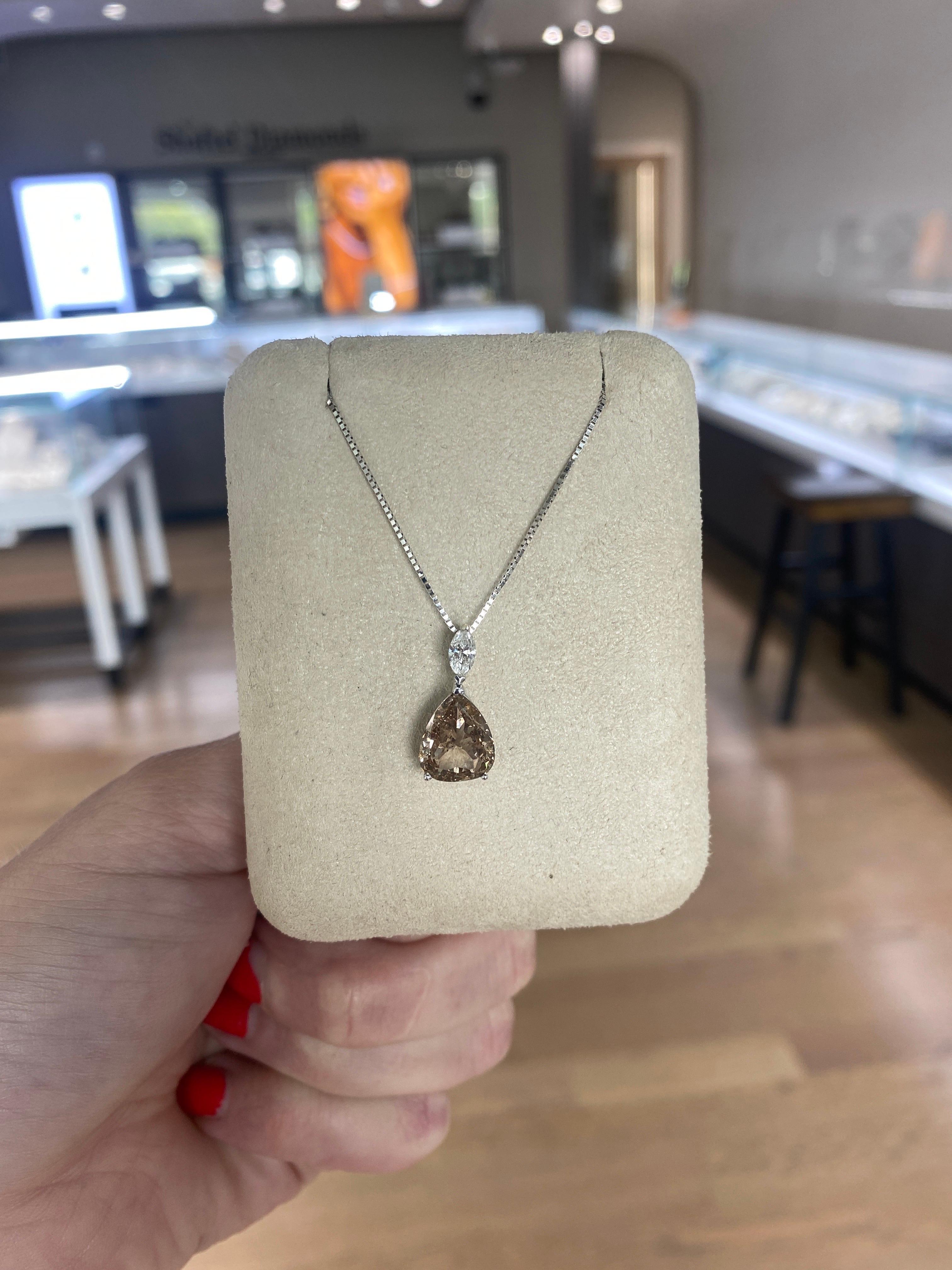 2.47 Carat Pear Shaped Brown Diamond & 0.20ct Marquise Diamond Pendant Necklace For Sale 3
