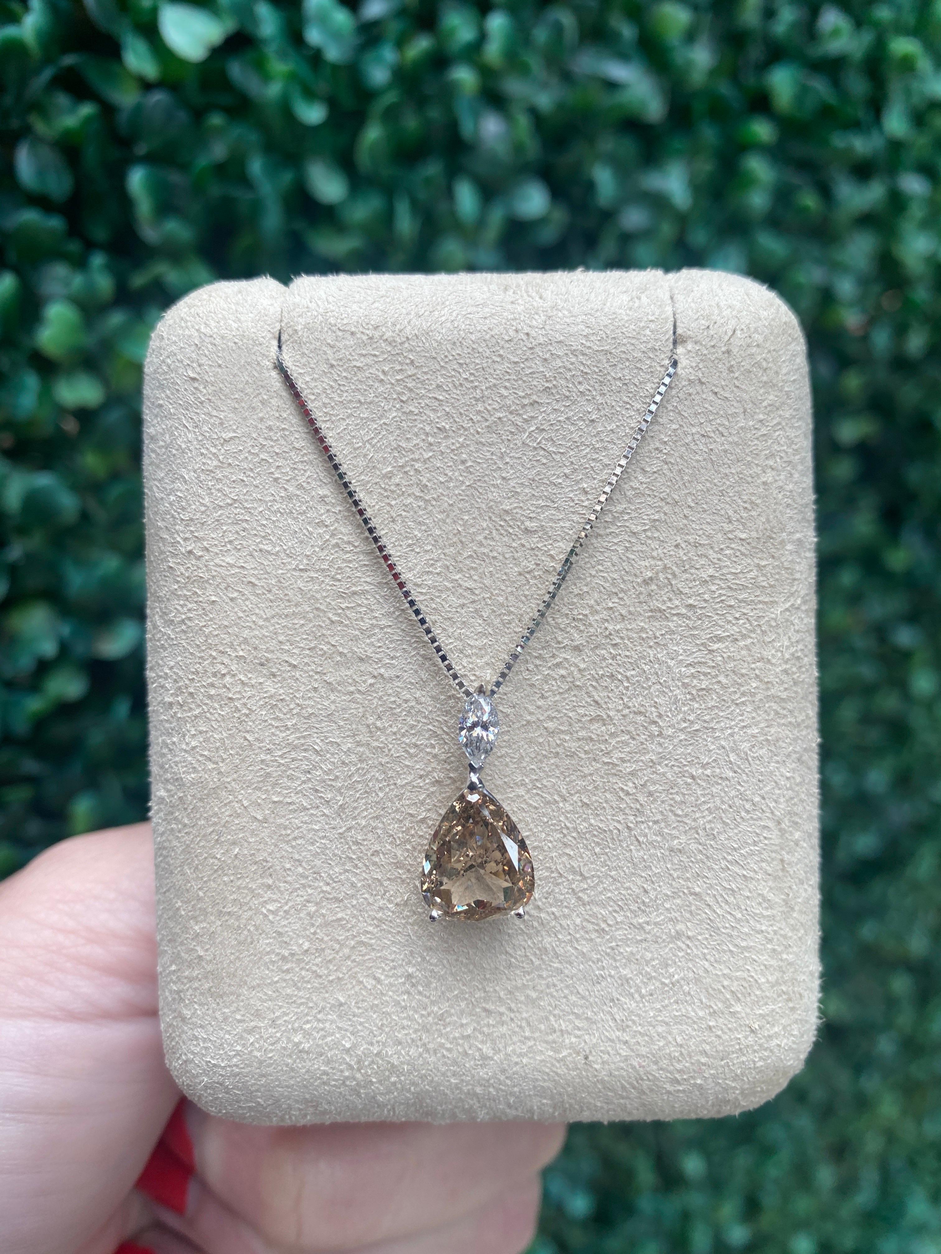 2.47 Carat Pear Shaped Brown Diamond & 0.20ct Marquise Diamond Pendant Necklace For Sale 4