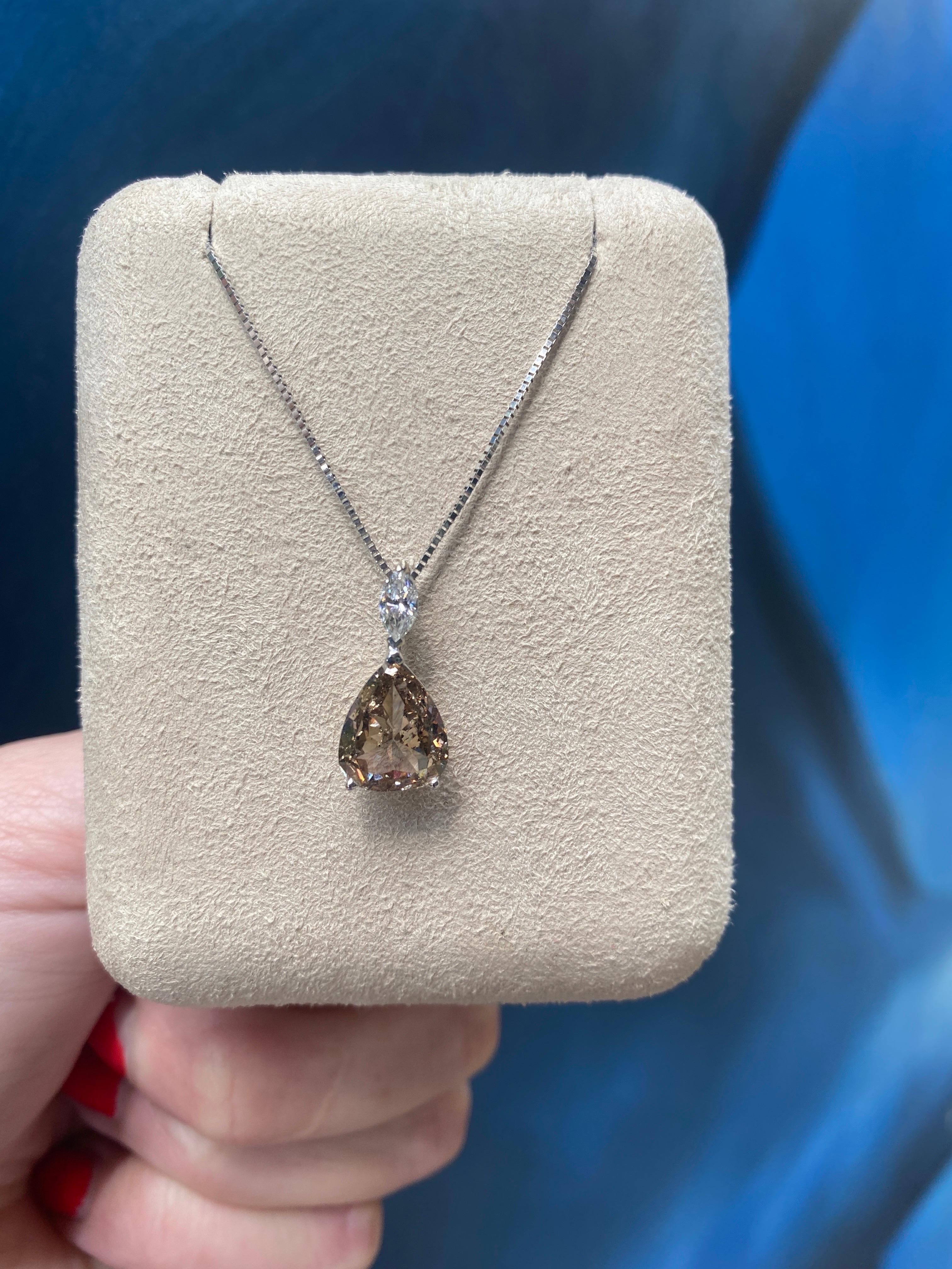 2.47 Carat Pear Shaped Brown Diamond & 0.20ct Marquise Diamond Pendant Necklace In New Condition For Sale In Houston, TX