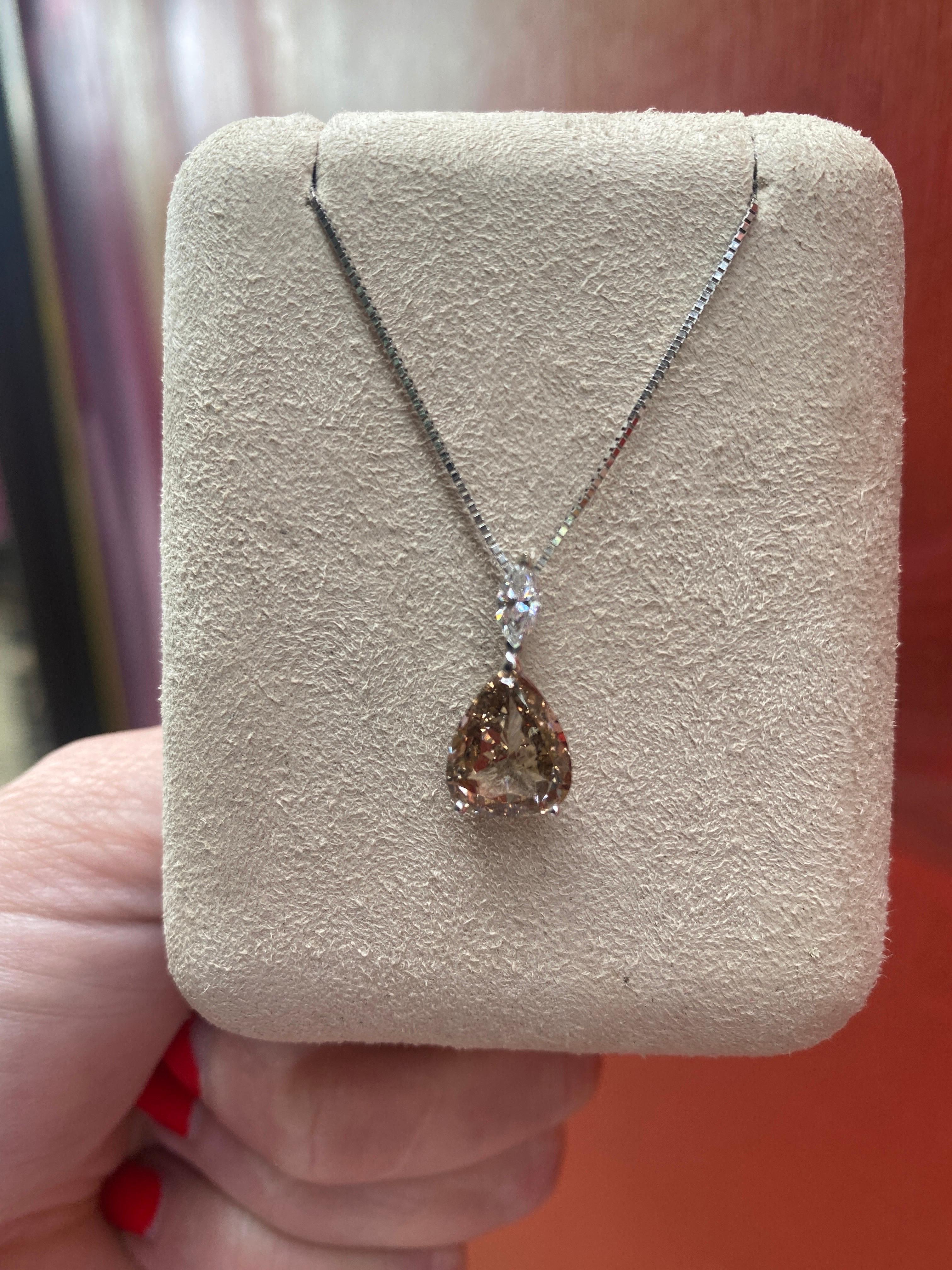 2.47 Carat Pear Shaped Brown Diamond & 0.20ct Marquise Diamond Pendant Necklace For Sale 1