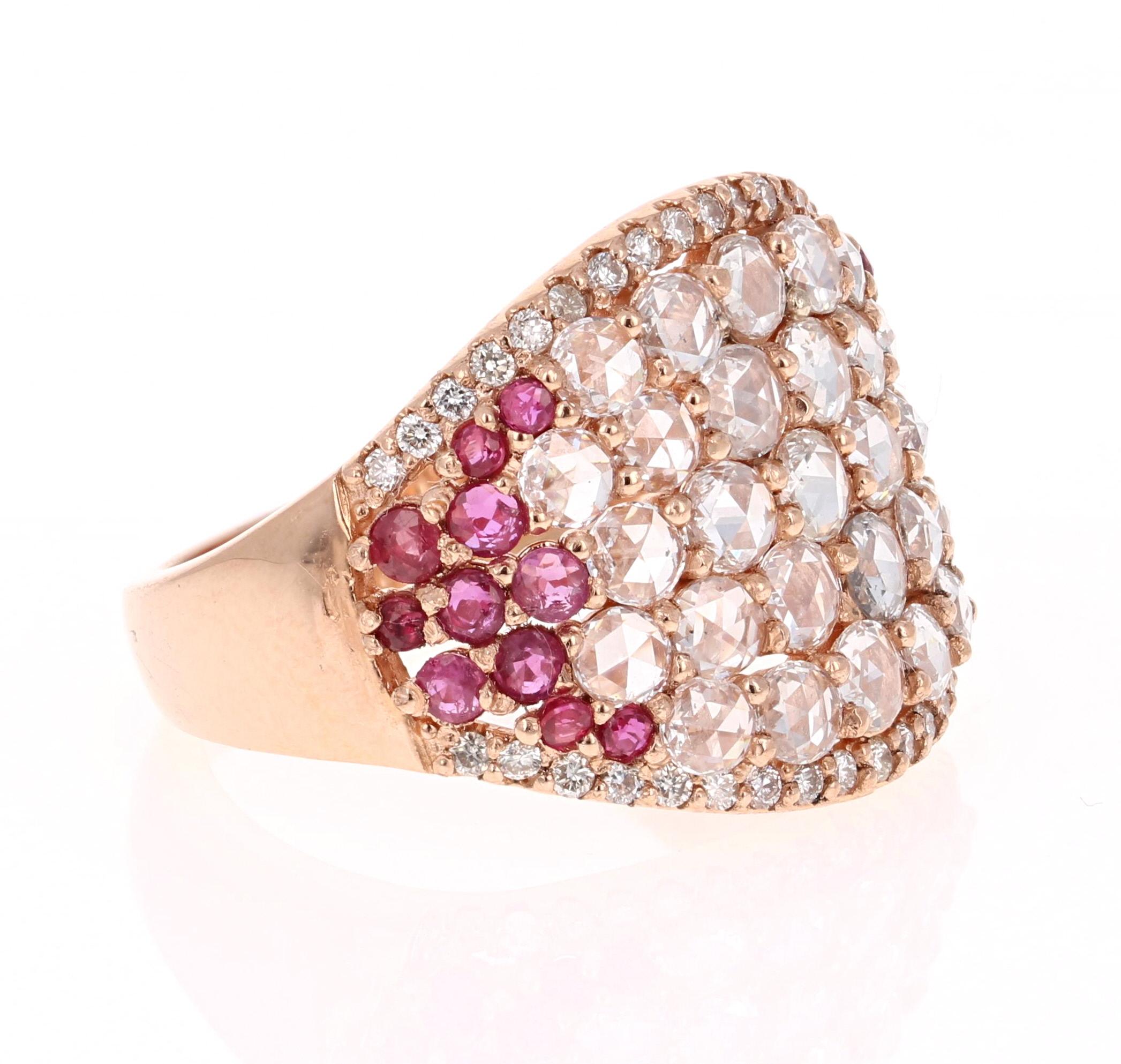 
This ring has 28 stunning Rose Cut Diamonds that weigh 1.41 Carats and has 23 Round Cut Rubies that weigh 0.80 Carats. It is further embellished with 38 Round Cut Diamonds that weigh 0.26 Carats. The Total Carat Weight of the Ring is 2.47 Carats.