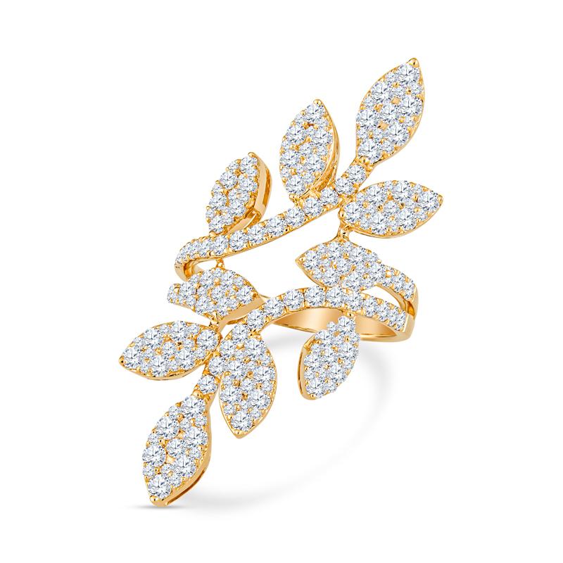 This beautiful and unique ring features 2.47 carat total weight in pave-set diamonds forming a leaf set in 14 karat yellow gold. It is a size 6.5 but can be resized upon request. 
Measurements: Length approximately 1.6