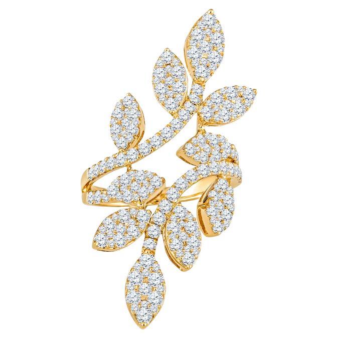 2.47 Carat Total Weight Diamond Pave Set Leaf 14 Karat Yellow Gold Ring For Sale