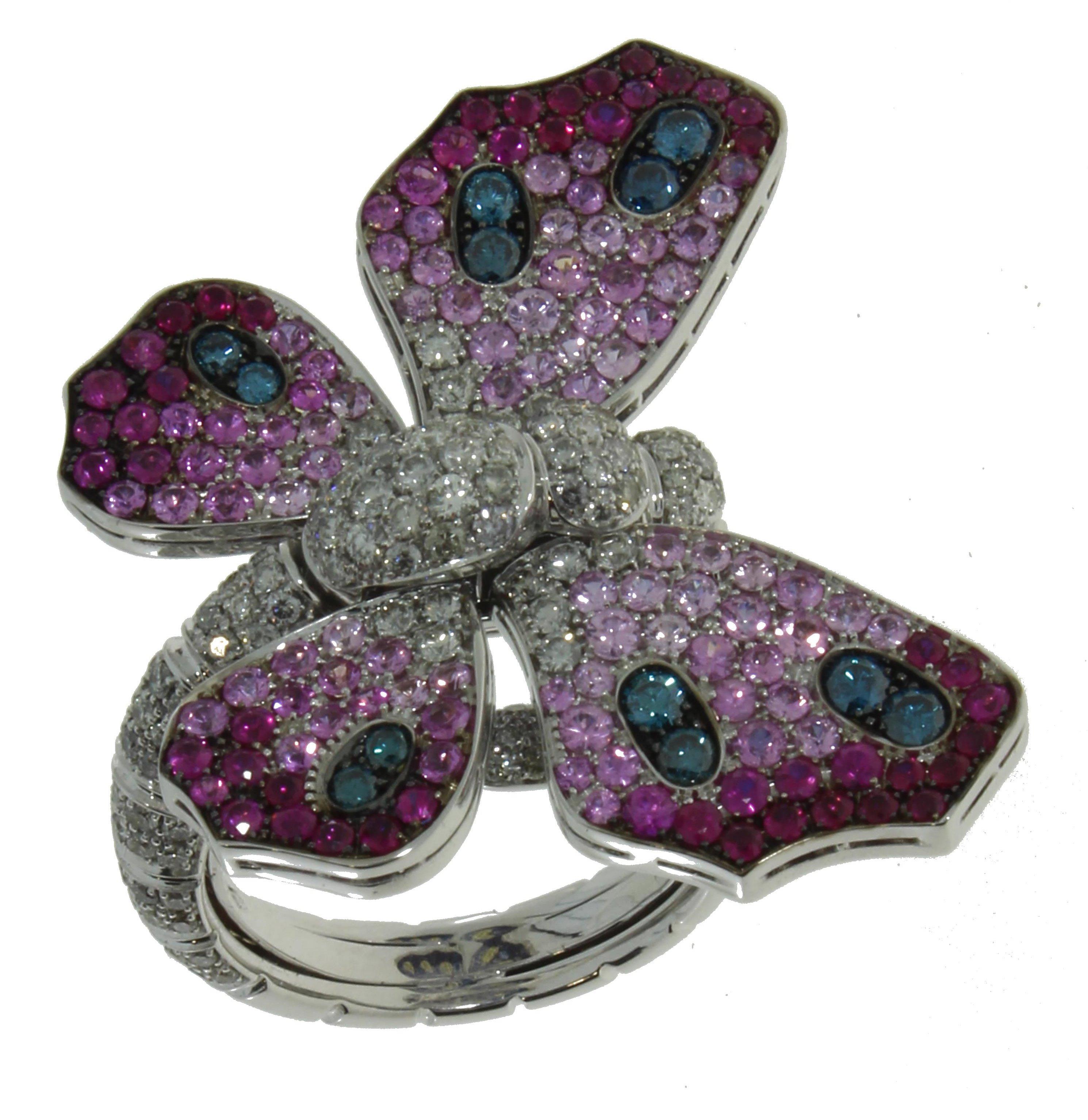 Round Cut 2.47 Ct Diamonds, Blue, Pink, Yellow Sapphires Double-Sided Butterfly Pavè Ring For Sale