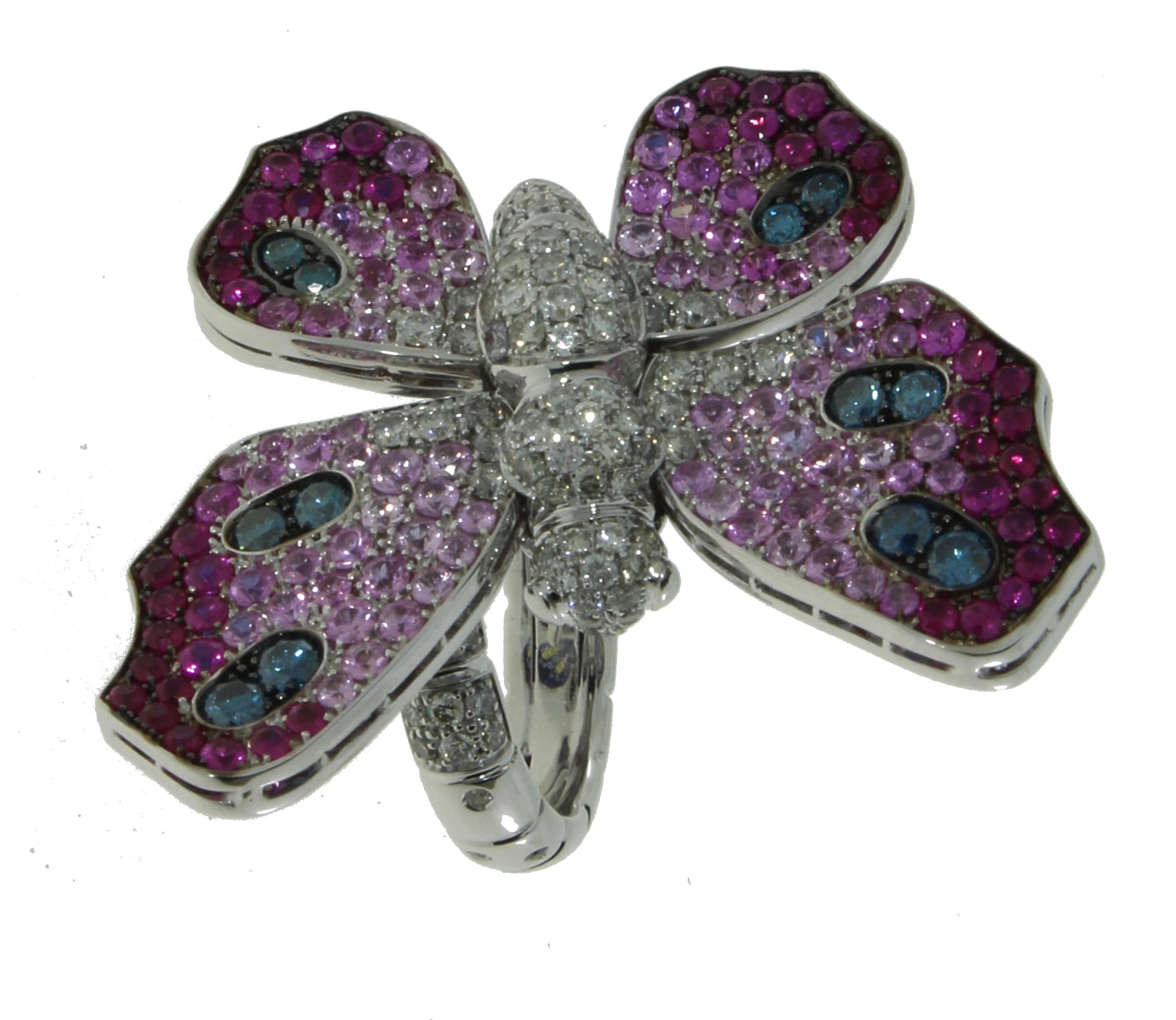 2.47 Ct Diamonds, Blue, Pink, Yellow Sapphires Double-Sided Butterfly Pavè Ring In New Condition For Sale In Valenza, IT