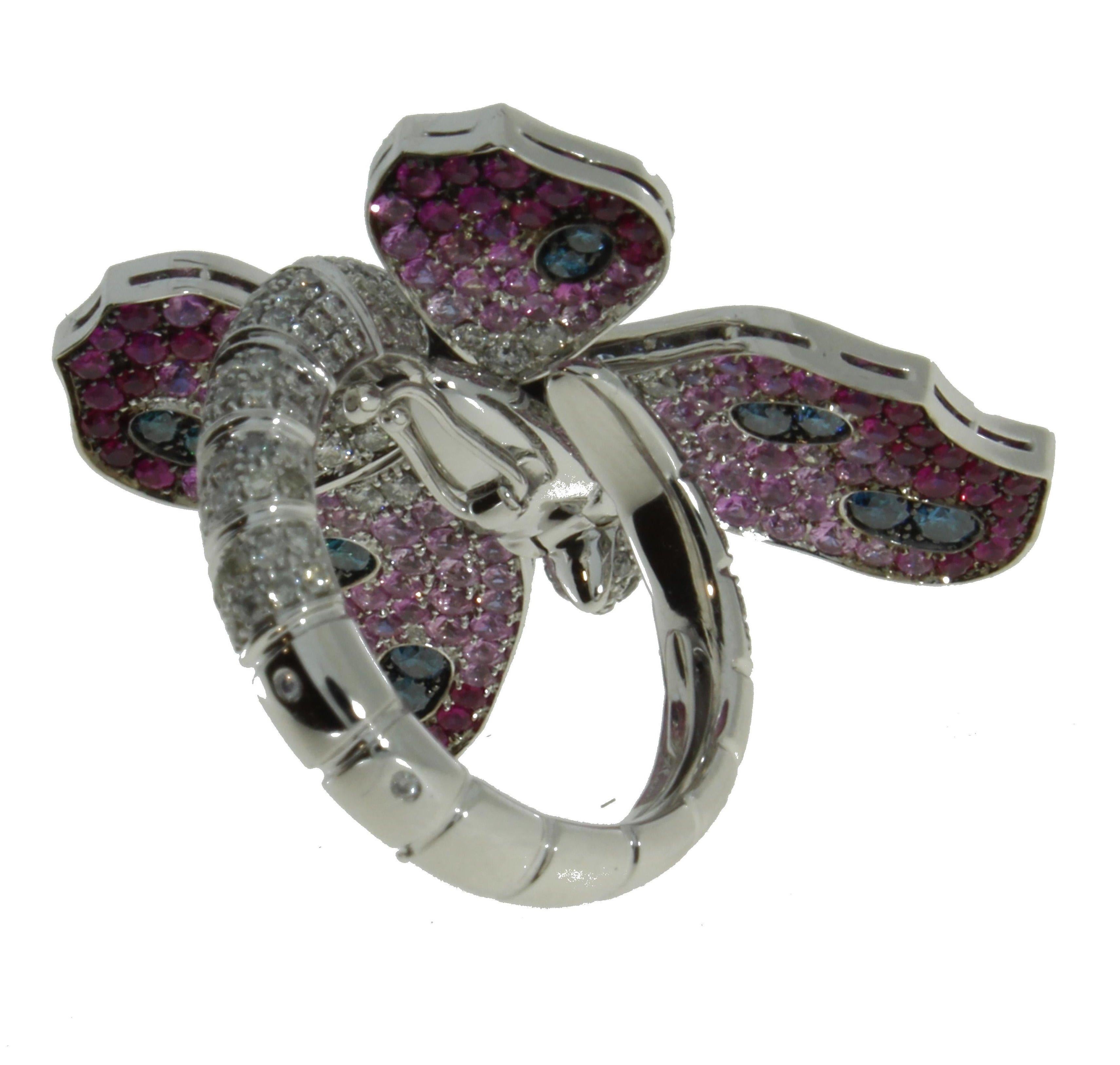Women's 2.47 Ct Diamonds, Blue, Pink, Yellow Sapphires Double-Sided Butterfly Pavè Ring For Sale