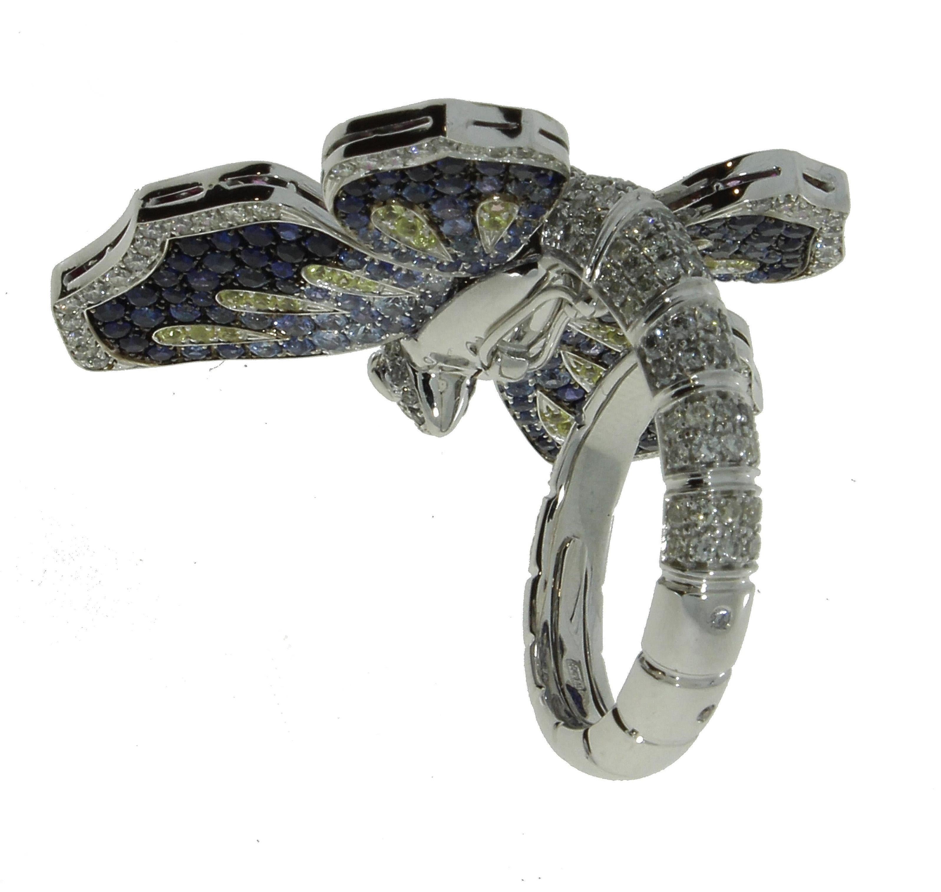 2.47 Ct Diamonds, Blue, Pink, Yellow Sapphires Double-Sided Butterfly Pavè Ring For Sale 1