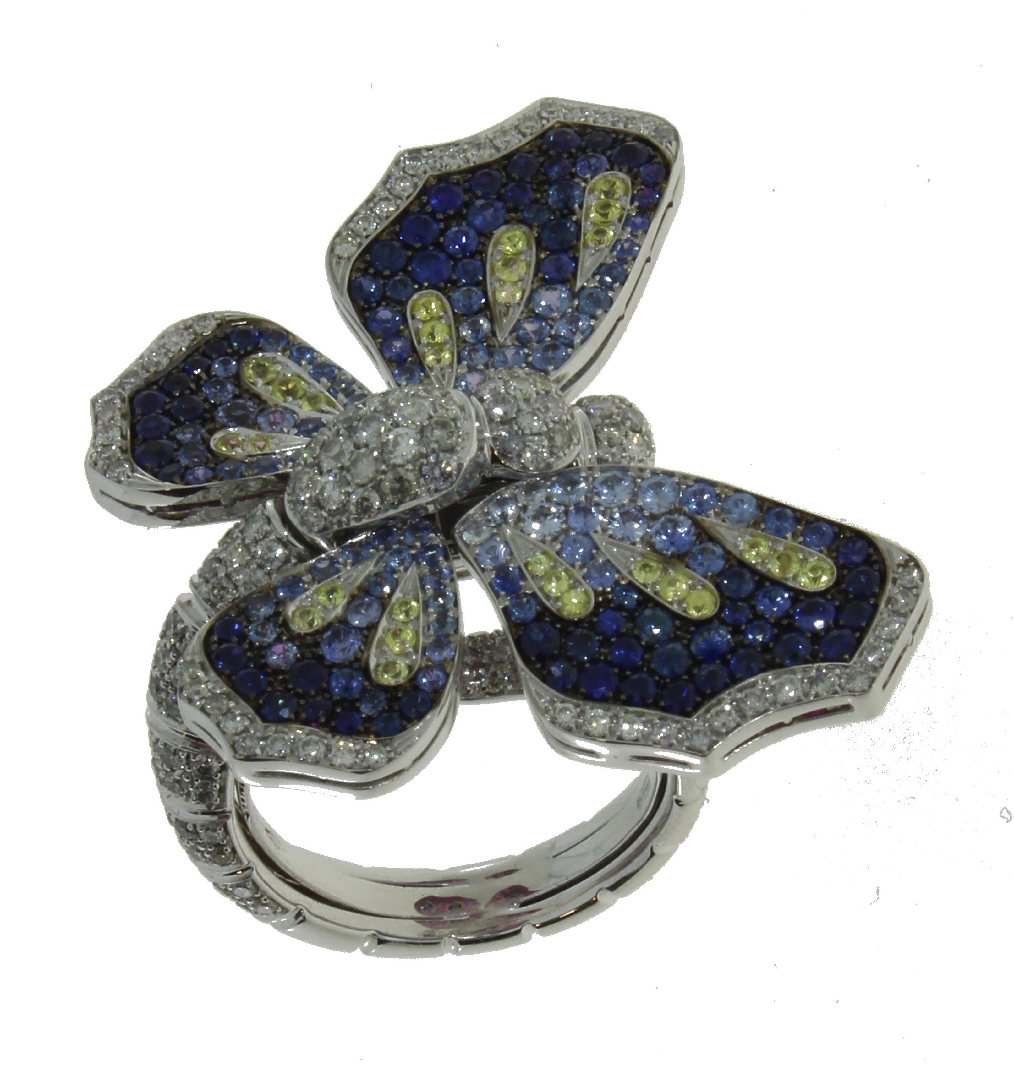 2.47 Ct Diamonds, Blue, Pink, Yellow Sapphires Double-Sided Butterfly Pavè Ring For Sale 2