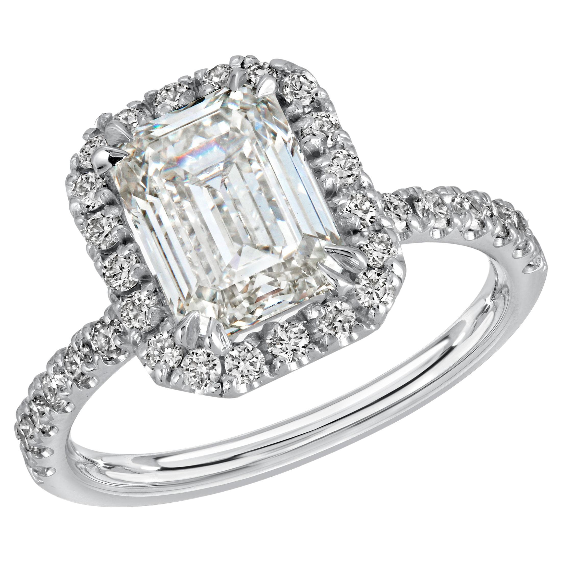 2.47 Ct. Emerald Shape Diamond Set in a 14k White Gold Halo & Hidden Halo Ring