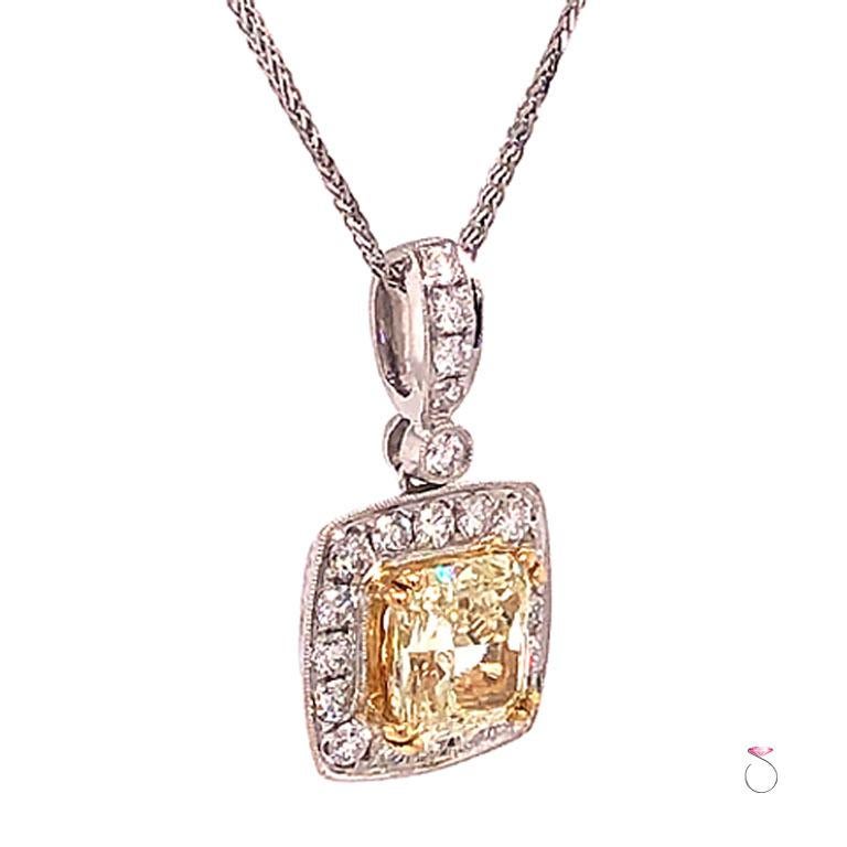 Modern 2.47 Ct Fancy Yellow Radiant Cut Diamond Halo Pendant, 18k White Gold with Chain For Sale