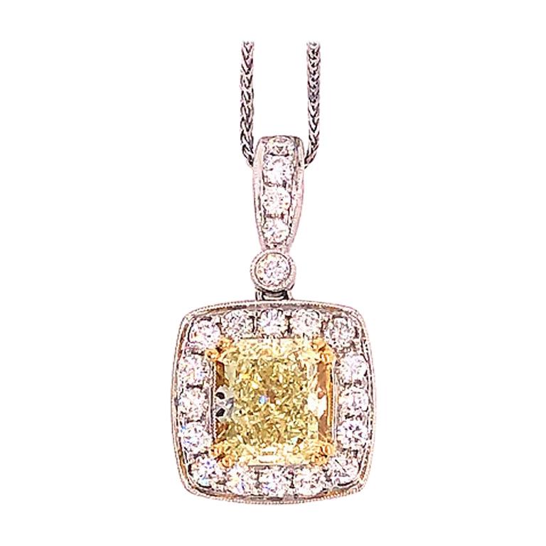 2.47 Ct Fancy Yellow Radiant Cut Diamond Halo Pendant, 18k White Gold with Chain For Sale