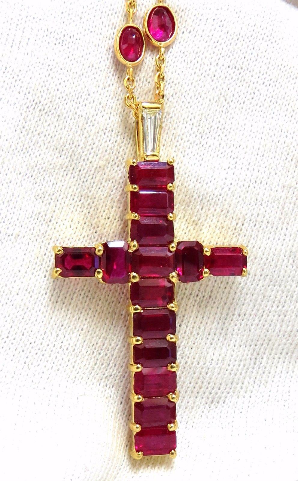 Rosary Novena Reds.

24.50ct. Natural Ruby Cross necklace.

Cross consists of 9.50ct emerald cut rubies.

14 count

Average each: 6 x 4mm

Vs-2 clarity.

Rubies on Necklace: 3.5 X 5.5mm.

30 Count.

All Rubies of vivid red colors, full cuts.

Clean