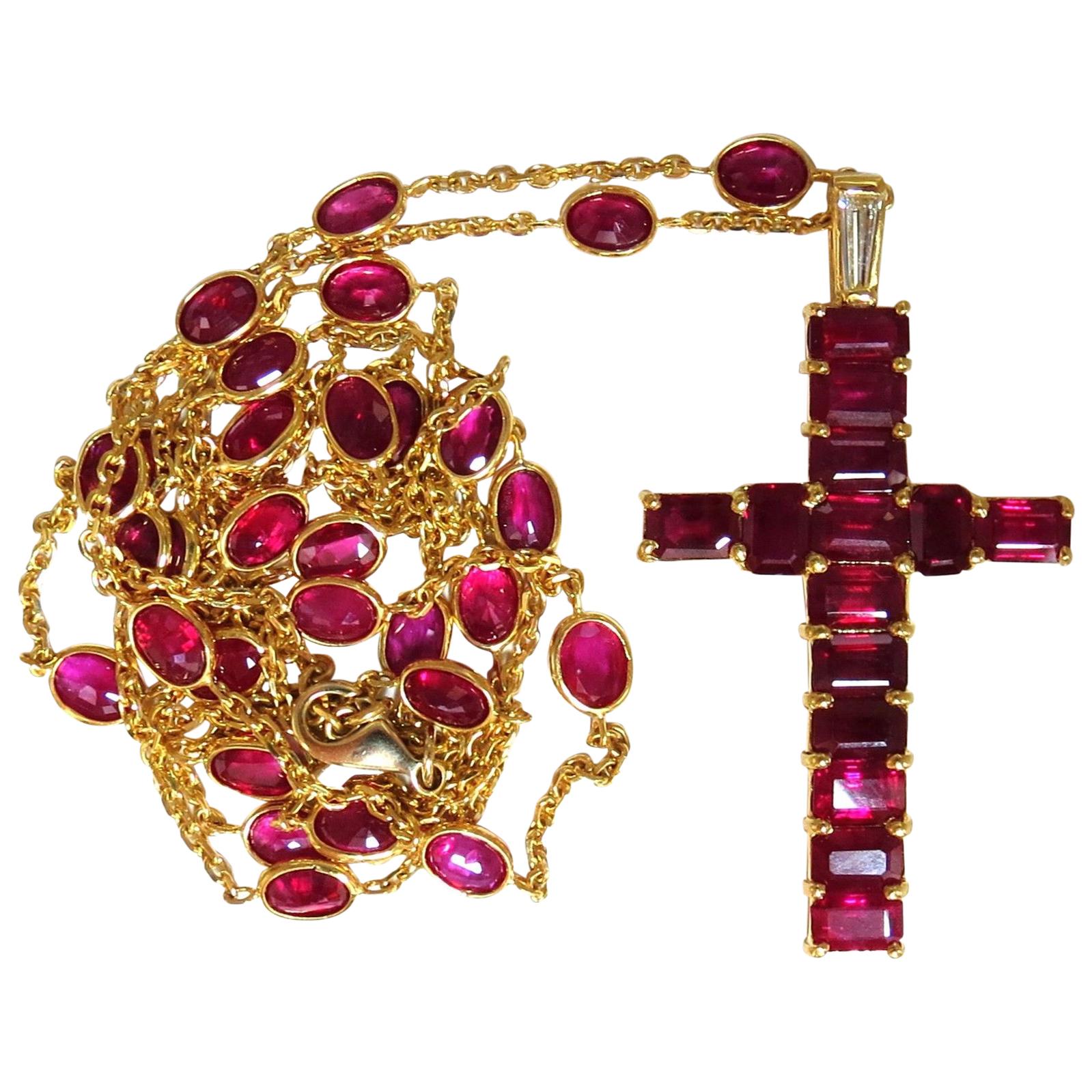 24.70 Carat Natural Ruby Cross Necklace and Yard 18 Karat Rosary Prayer Novena
