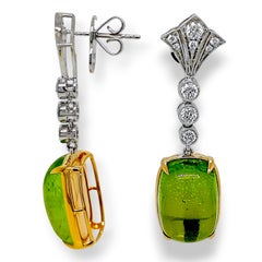24.73 Karat Peridot Runder Diamant Gelb- und Weißgold-Ohrringe
