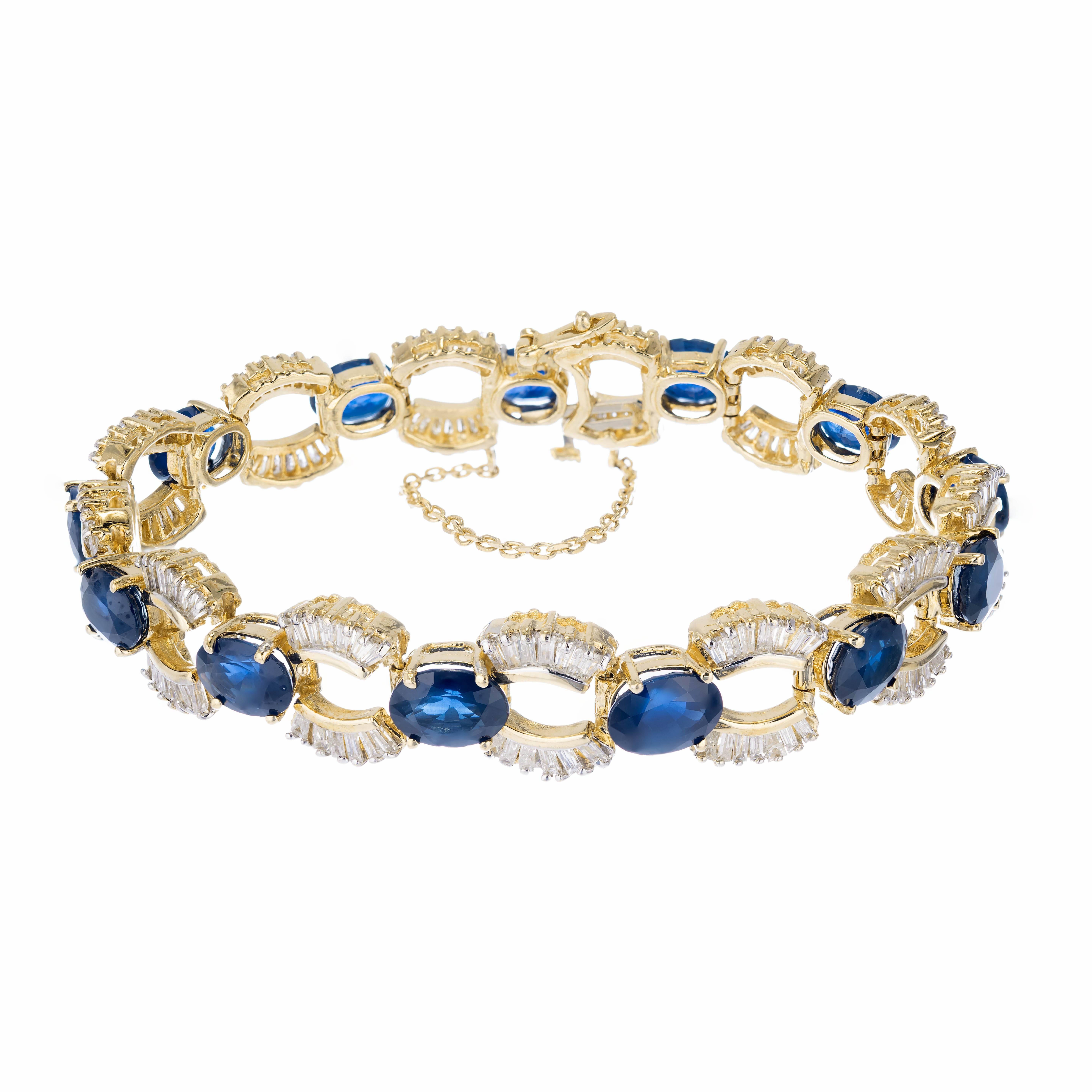 24.74 Carat Oval Sapphire Baguette Diamond Gold U Link Bracelet For Sale