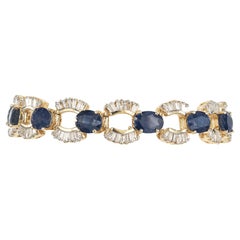 24.74 Carat Oval Sapphire Baguette Diamond Gold U Link Bracelet