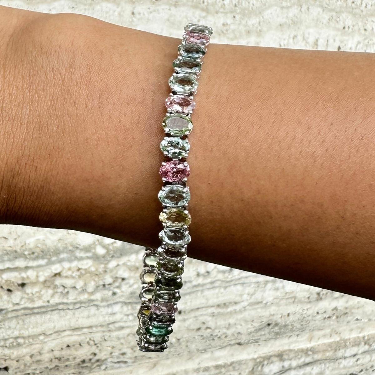 Oval Cut 24.75 Carats Multi Tourmaline Tennis Bracelet for Mom Gift in Sterling Silver For Sale
