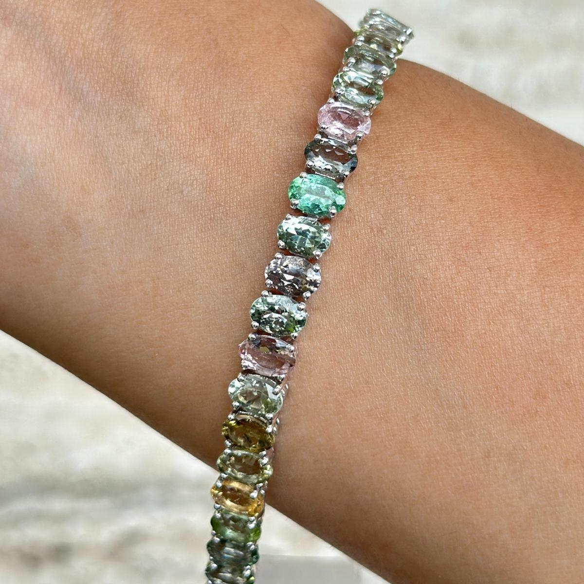 Women's 24.75 Carats Multi Tourmaline Tennis Bracelet for Mom Gift in Sterling Silver For Sale