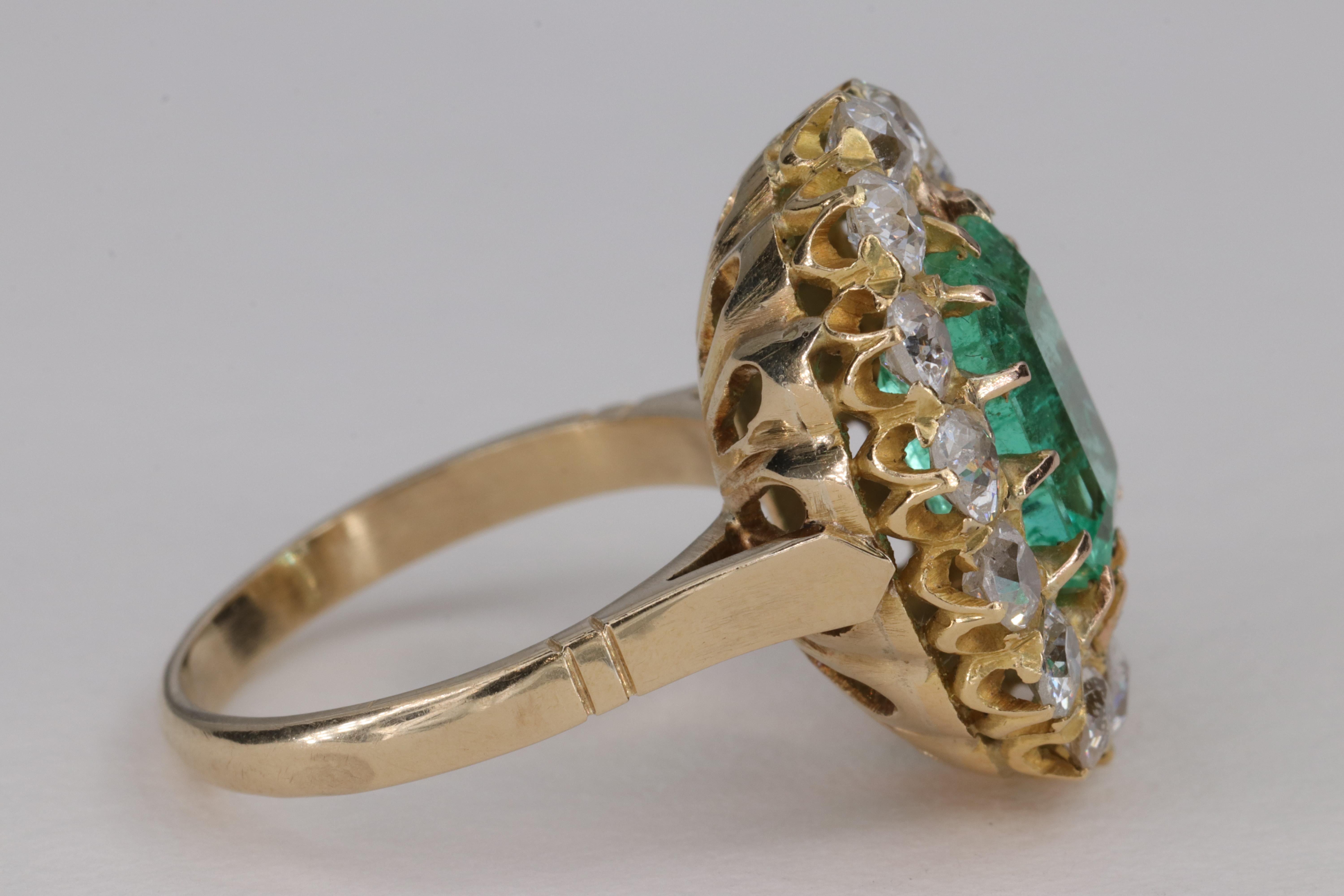 Victorian 2.47ct Emerald and Old European Cut Diamond Halo Antique Ring For Sale