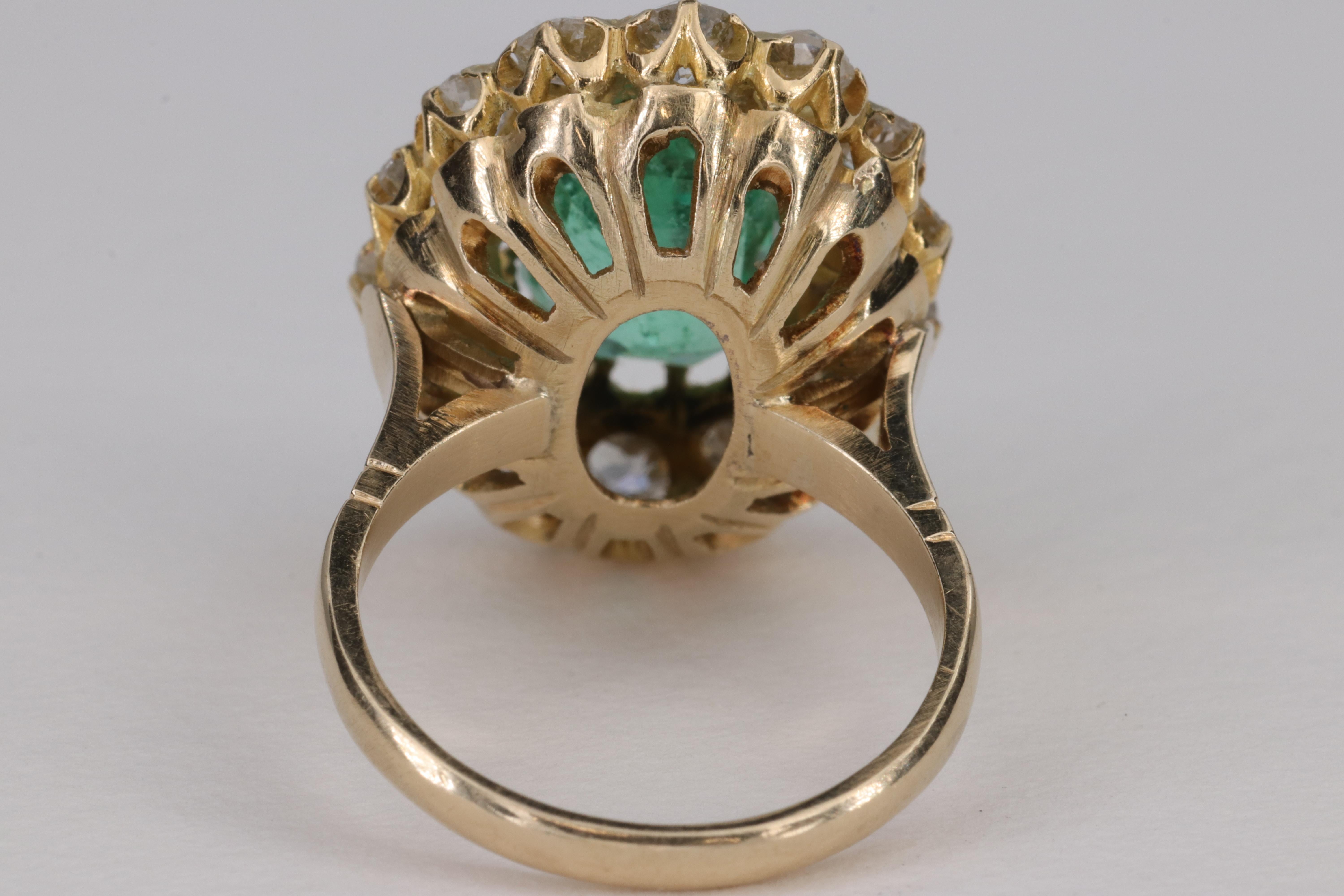 Women's or Men's 2.47ct Emerald and Old European Cut Diamond Halo Antique Ring For Sale