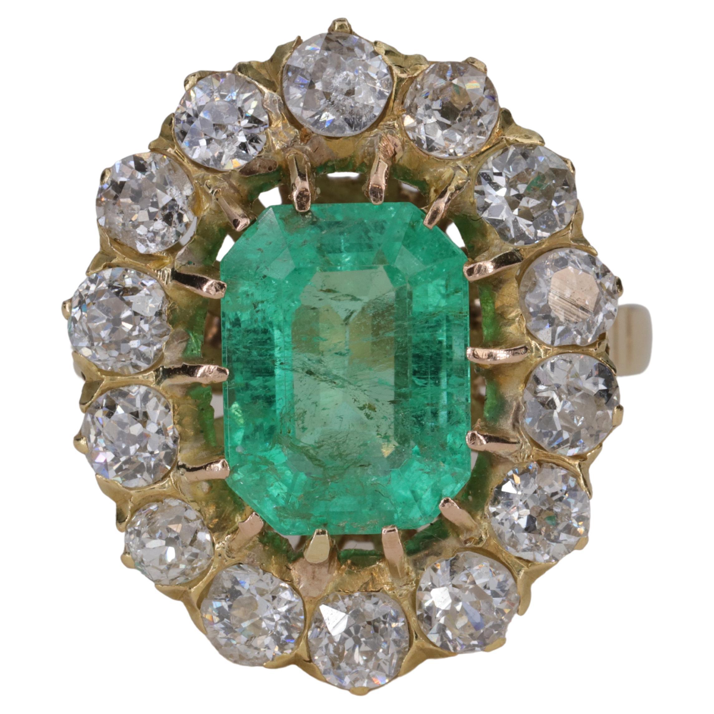 2.47ct Emerald and Old European Cut Diamond Halo Antique Ring For Sale