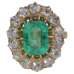 2.47ct Emerald and Old European Cut Diamond Halo Antique Ring