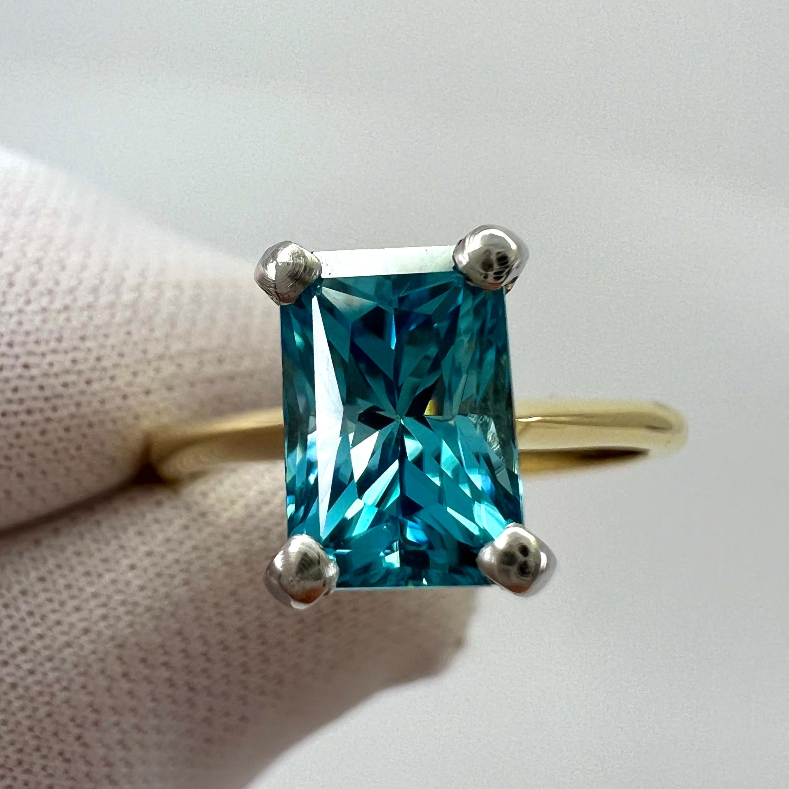 2.47ct Vivid Blue Zircon Fancy Emerald Radiant Cut 18k Gold Solitaire Ring For Sale 6