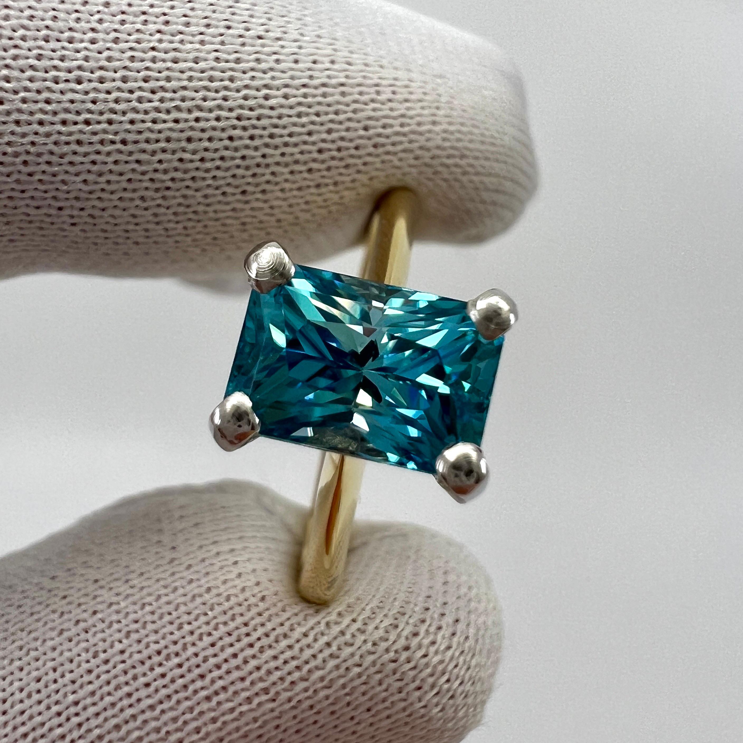 2.47ct Vivid Blue Zircon Fancy Emerald Radiant Cut 18k Gold Solitaire Ring For Sale 7