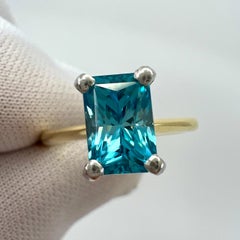 2.47ct Vivid Blue Zircon Fancy Emerald Radiant Cut 18k Gold Solitaire Ring