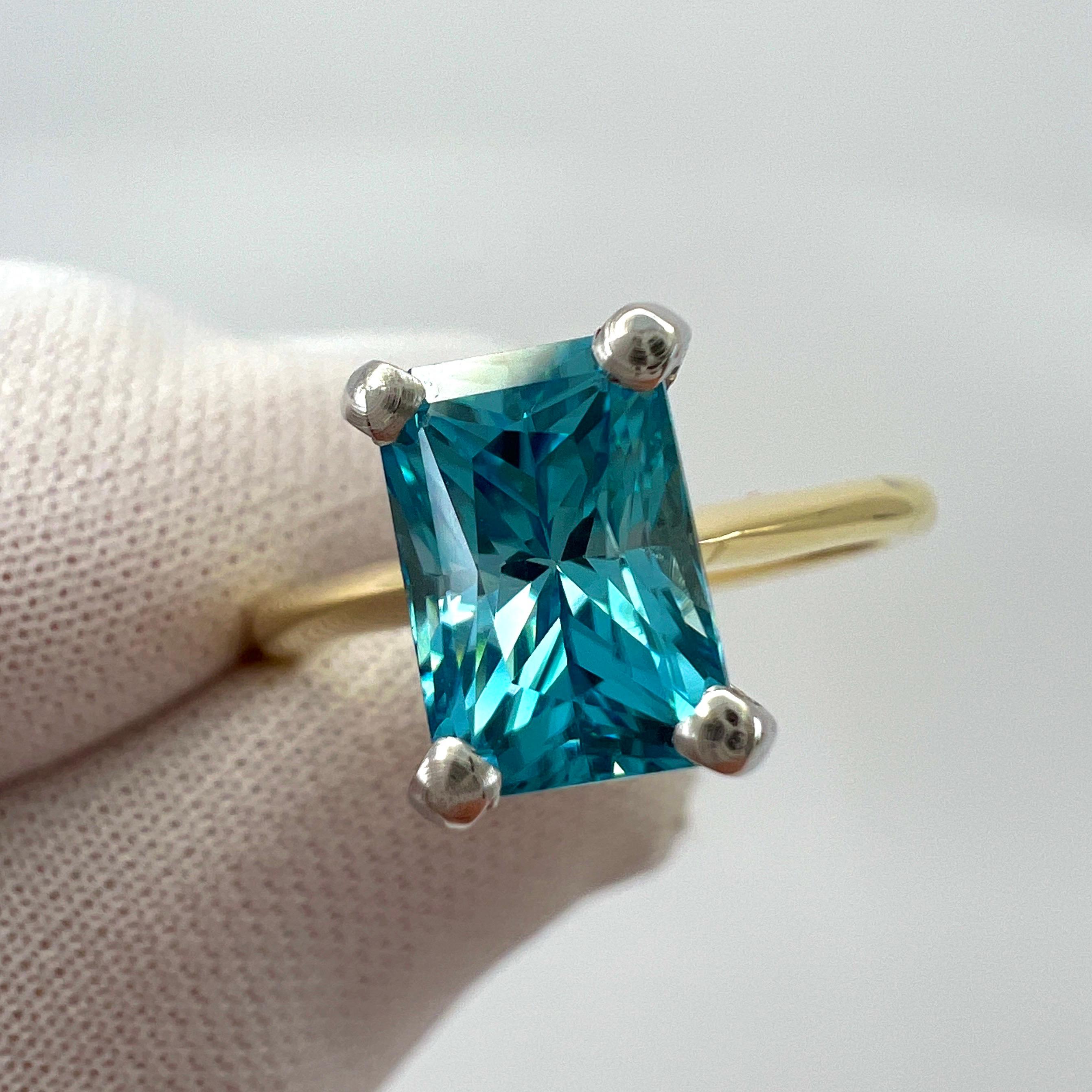 2.47ct Vivid Blue Zircon Fancy Emerald Radiant Cut 18k Gold Solitaire Ring For Sale 1