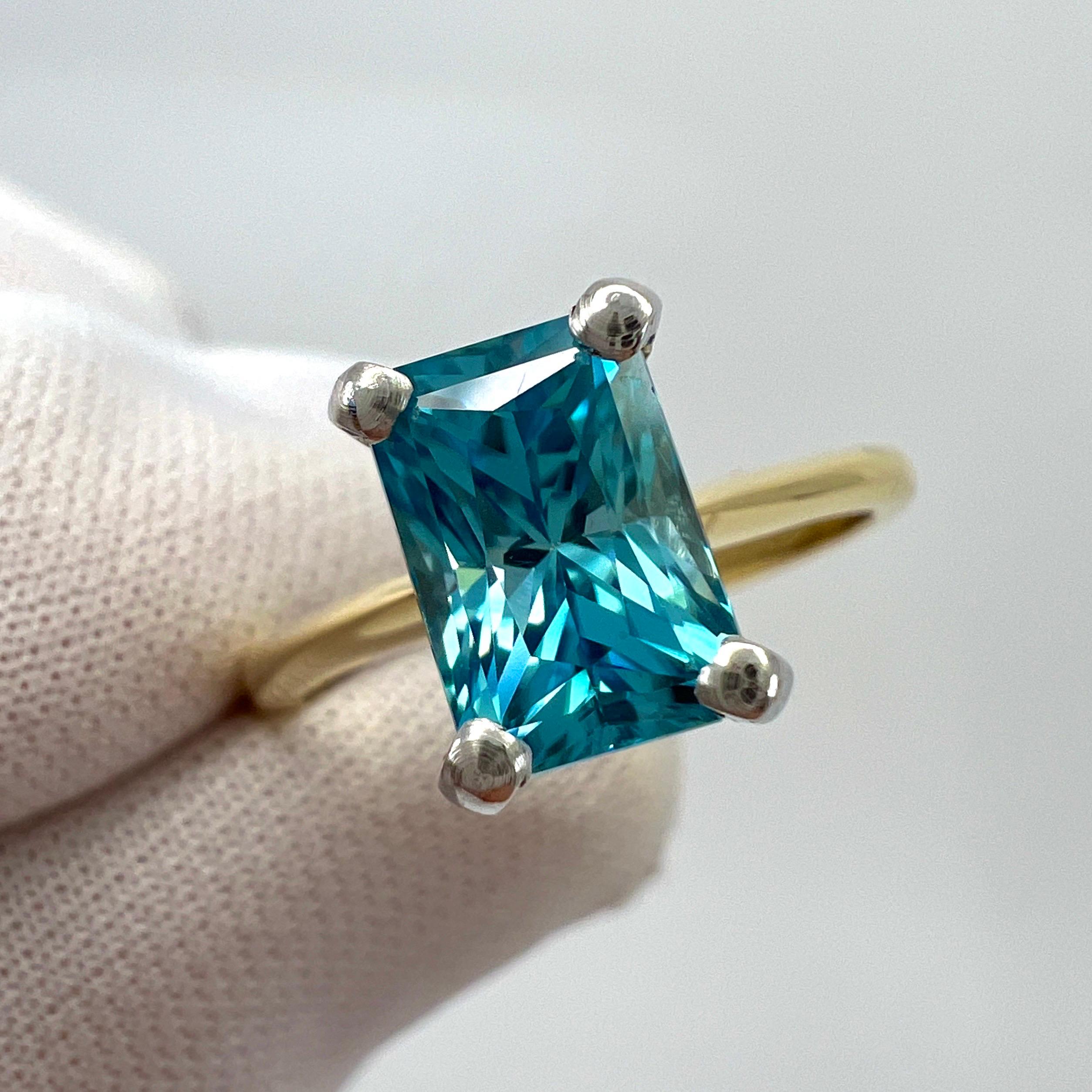 2.47ct Vivid Blue Zircon Fancy Emerald Radiant Cut 18k Gold Solitaire Ring For Sale 2
