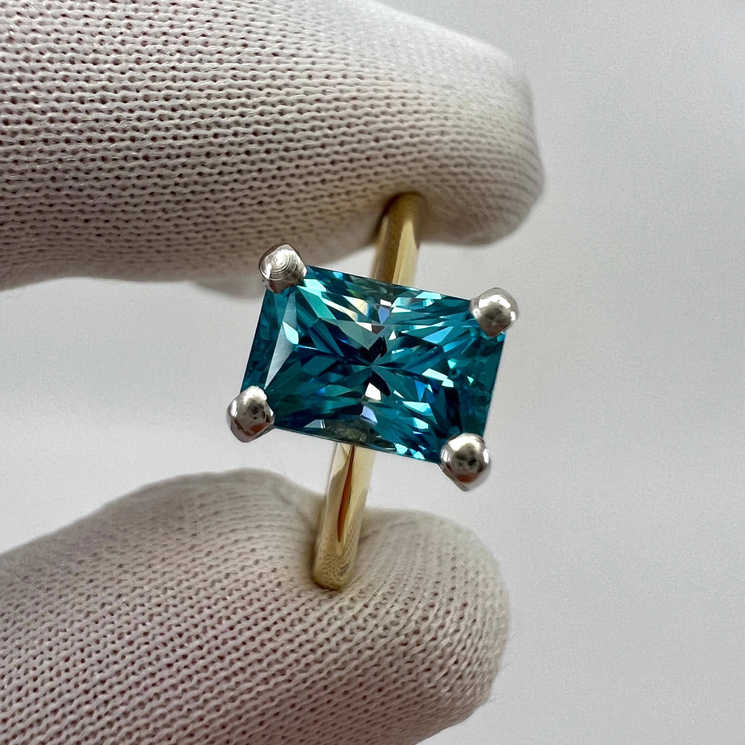 2.47ct Vivid Blue Zircon Fancy Emerald Radiant Cut 18k Gold Solitaire Ring For Sale 3