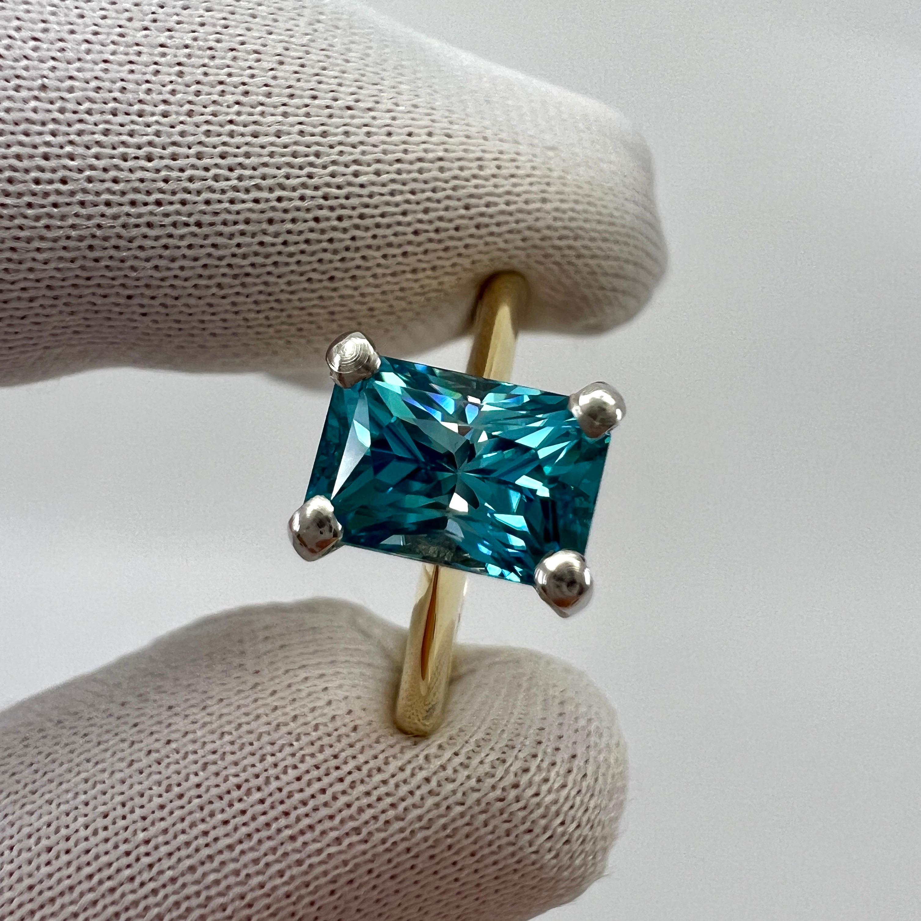2.47ct Vivid Blue Zircon Fancy Emerald Radiant Cut 18k Gold Solitaire Ring For Sale 5