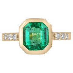 2.47tcw 18K Colombian Emerald & Diamond Accent Ring - Vivid Green Emerald Cut