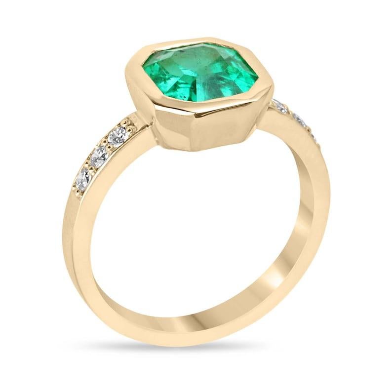 Introducing a mesmerizing Colombian emerald and diamond ring, boasting a 2.37-carat emerald cut emerald elegantly nestled in a vertical bezel setting, highlighting its unparalleled AAA fine quality and vibrant green hue. Complemented by shimmering