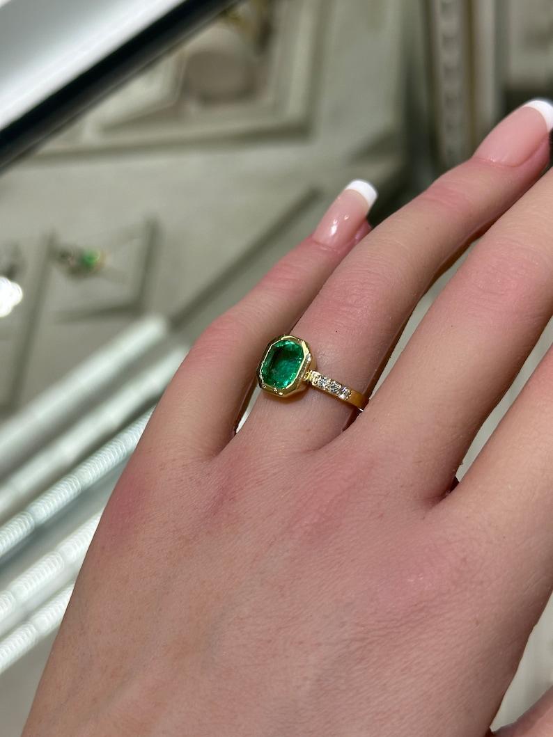 Emerald Cut 2.47tcw 18K Colombian Emerald & Diamond Ring - Vivid Green Bezel Set Emerald For Sale